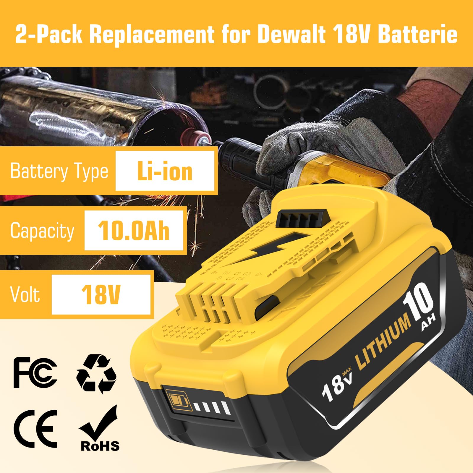 2Packs 18V 10000mAh Compatible pour Dewalt Batterie 18V