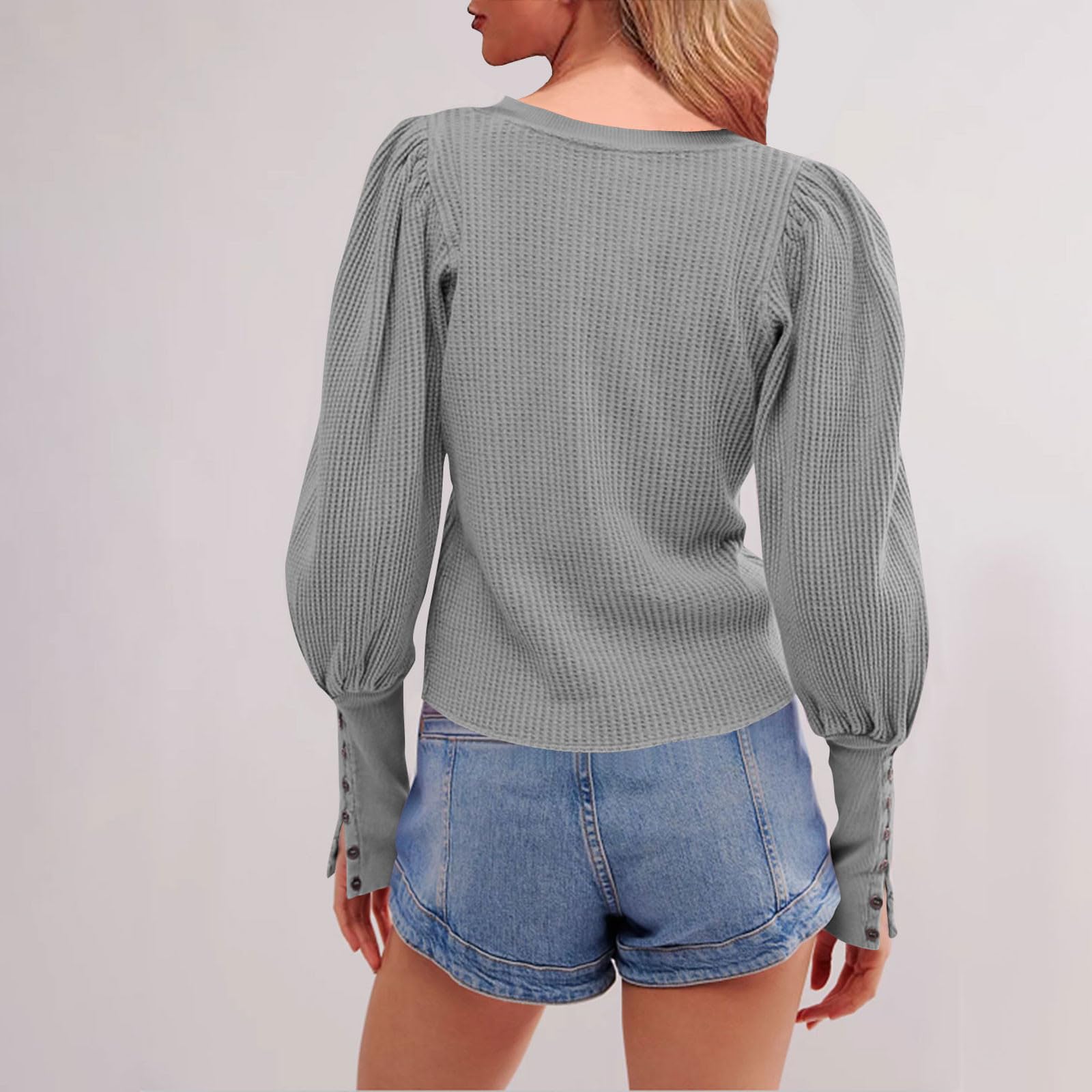 Women's Waffle Puff Long Sleeve Shirts Casual Crew Neck Knit Blouses Casual Button Solid Color Cropped Pullover Tops Gray