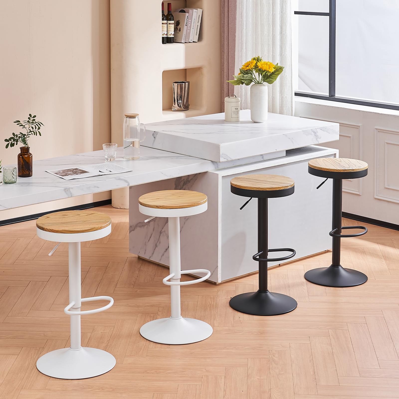 YOUNIKE Sgabello Bar Legno Rotondo Sedie Alta Bar Seduta Ilot Central Cucina Sedile Bar Set di 2 Vintage Regolabile Rotazione Metallo Girevole Bianco