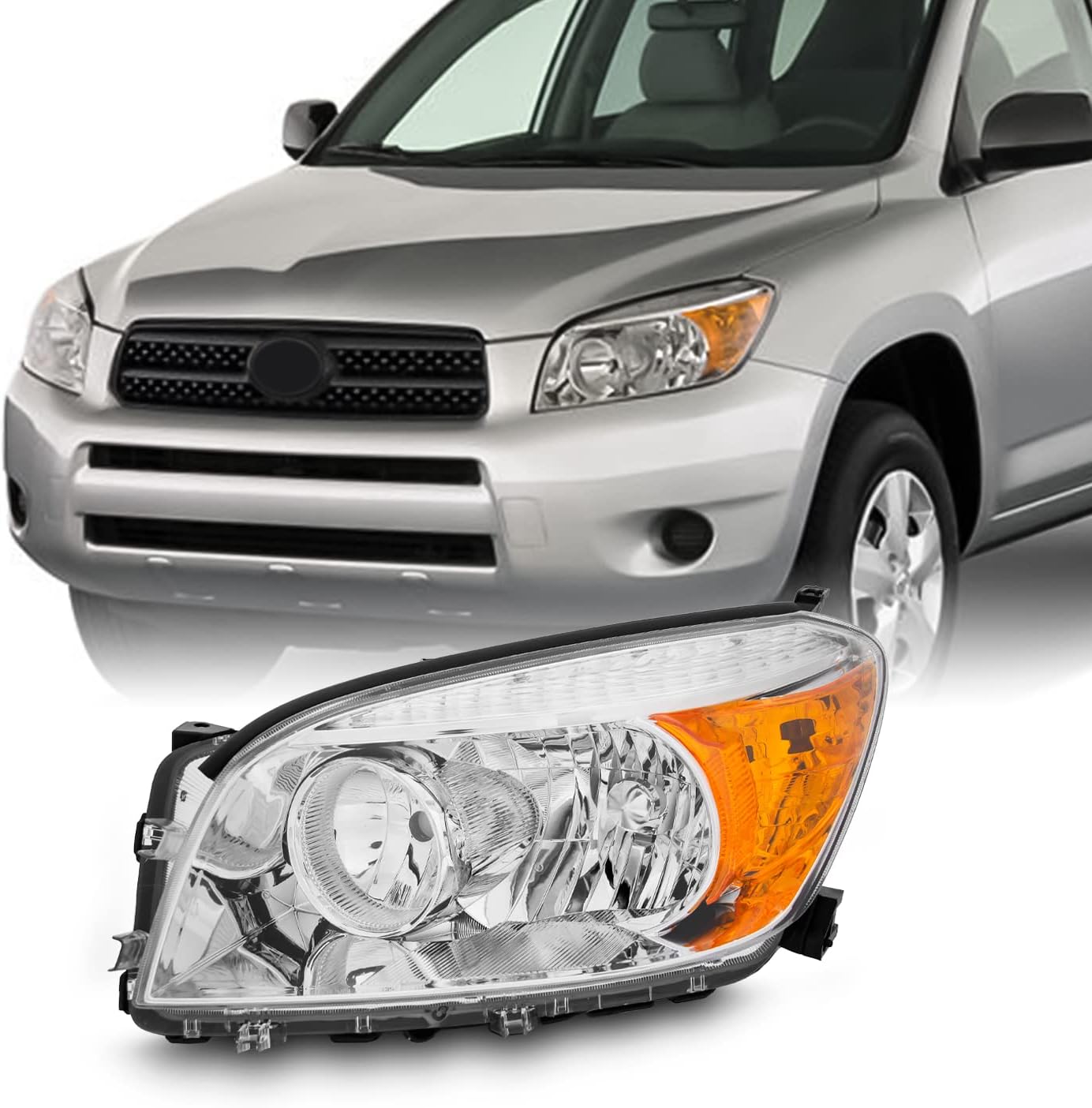 AKKON - Fits 2006 2007 2008 Toyota Rav4 Chrome Headlight w/Amber Signal Driver Left Side Replacement