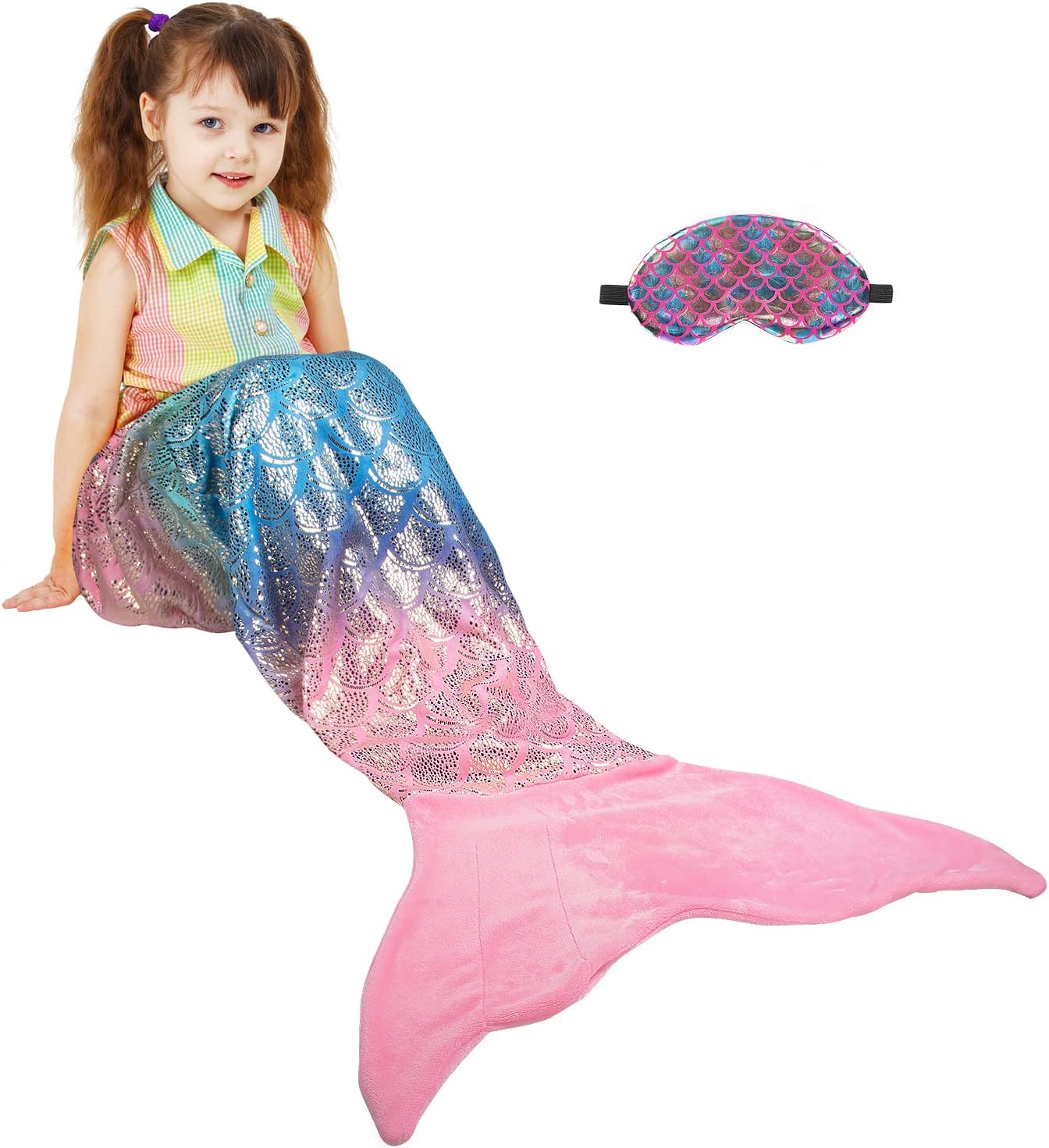 Kids Mermaid Tail with Sleep Mask, Super Soft Flannel Sleeping Snuggly Blanket for Girls, Fish Scale Pattern, Birthday Gift for Daughter