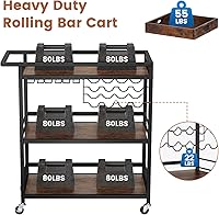 Vista 8 de Leteuke Carrito de Bar para el Hogar, Carro de Servicio con Ruedas de 3 Niveles en Negro, Carro de Bebidas, Soporte de Licores con Bandeja