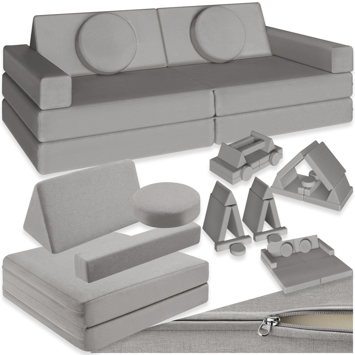 tectake® Divano Modulare da Gioco 8 Pezzi, Divanetto per Bambini con Imbottitura in Gommapiuma, Tessuto di Lino, Coperture Rimovibili, Funzione Letto, Impilabile, 120 cm - Grigio