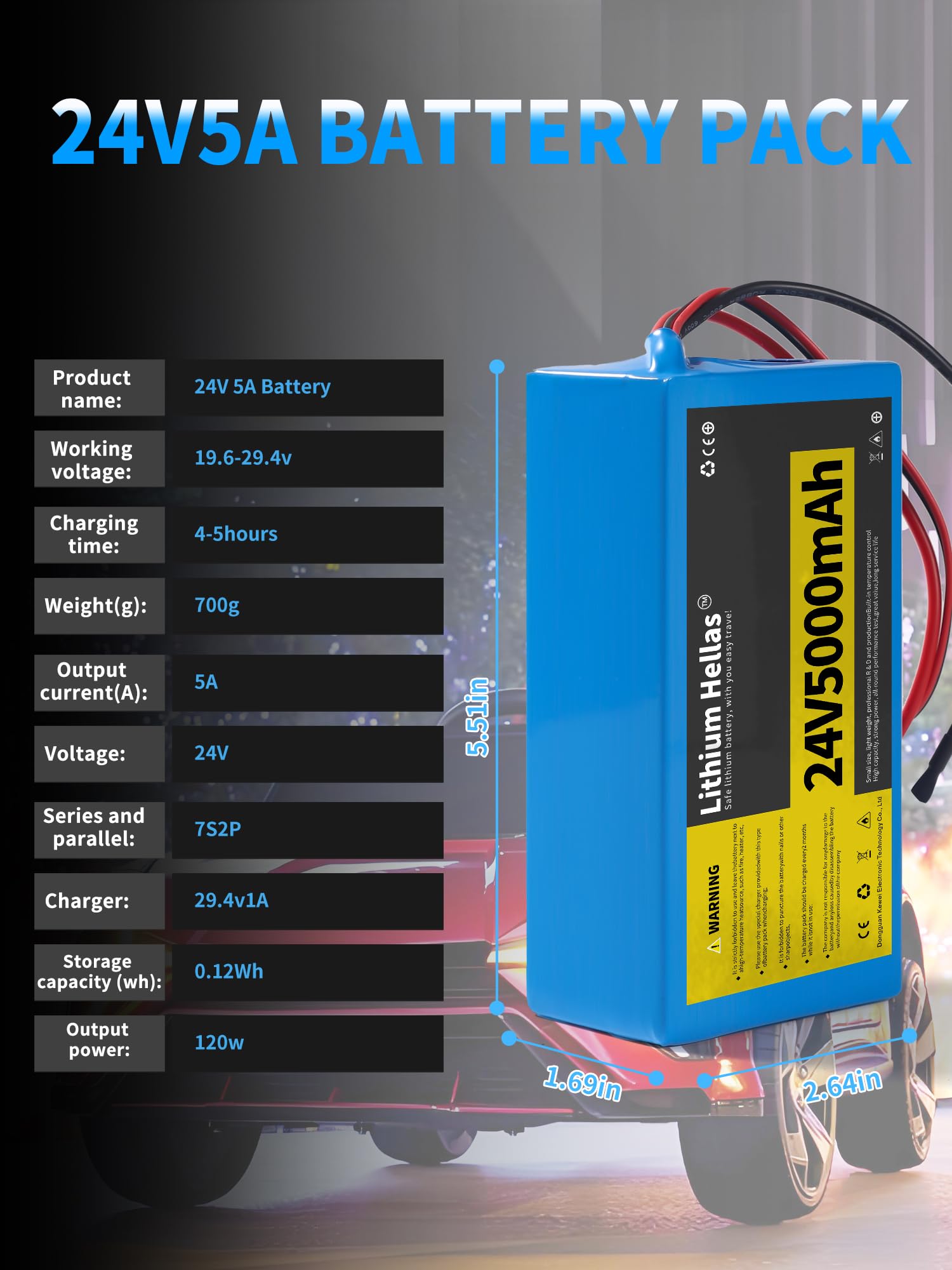 24V 5Ah Lithium Battery with 29.4V 1A Charger, 24 Volt Rechargeable Battery for DIY Projects