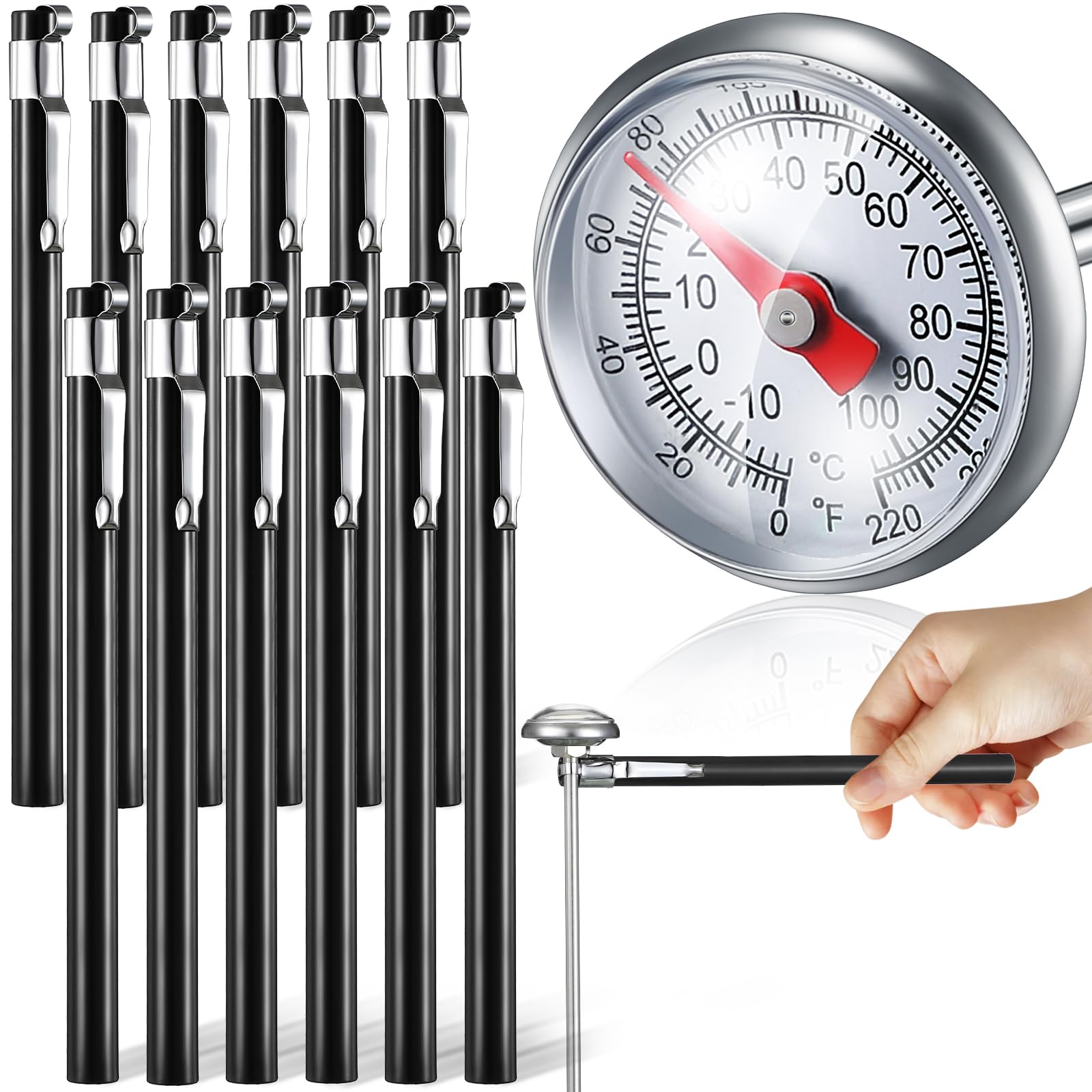 Xuhal Lot de 12 thermomètres de cuisine en acier inoxydable avec tige de 12,7 cm de long, cadran de 2,5 cm, thermomètre à mousse de lait pour four, sonde de viande, barbecue, cuisson, chocolat, eau