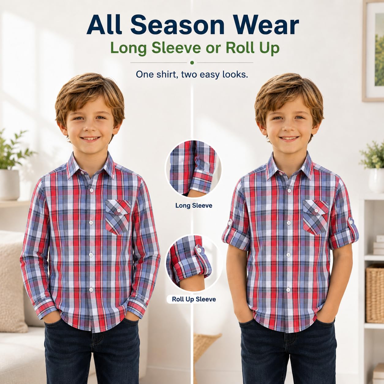 Bienzoe Garçon Coton Plaid Roll-up Manche Chemises