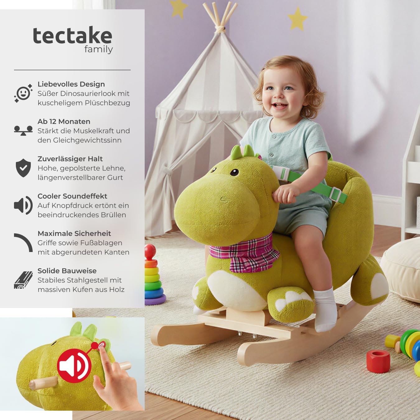 tectake® Schaukeltier mit Sicherheitsgurt und Soundeffekt, Schaukelpferd Baby ab 12 Monate, Baby Schaukel Indoor mit weichem Plüschbezug und Rückenlehne, breite Griffe - Dinosaurier