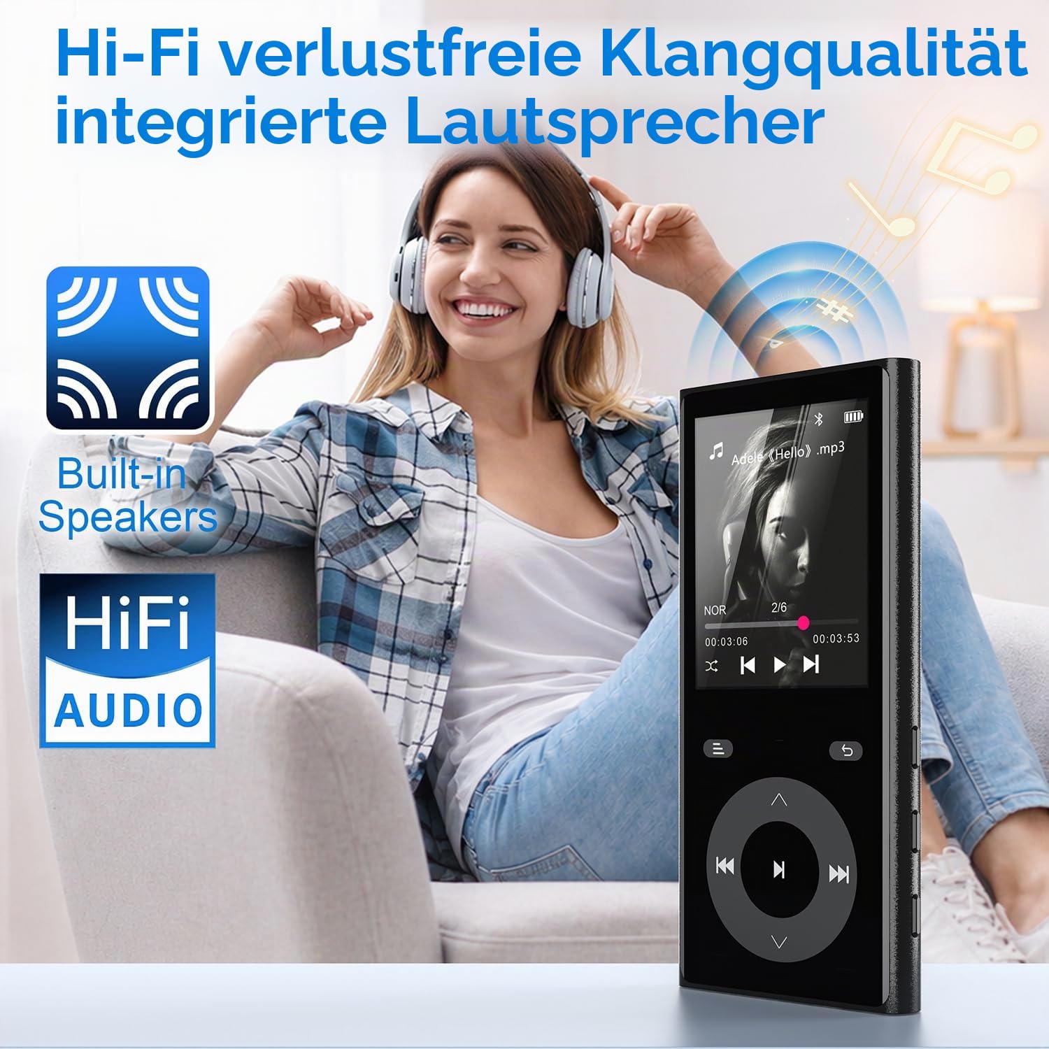 90GB MP3 Player Bluetooth 5.3, Musik Player 2 TF-Kartensteckplätzen, 2,4" Farbbildschirm, Touch-Tasten, MP3 Player Kinder mit Lautsprecher, Unterstützung bis zu 256 GB, Inklusive Kopfhörer, Schwarz
