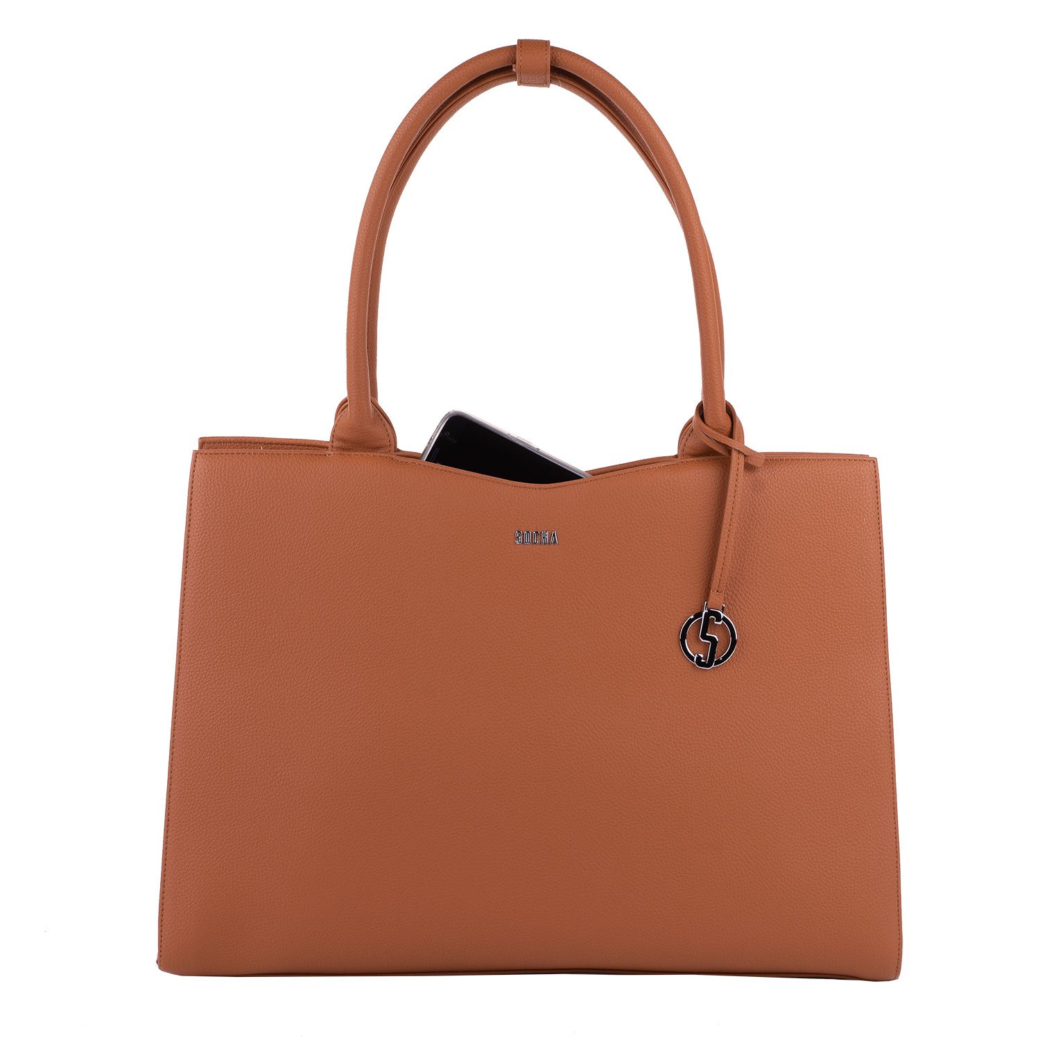 Socha Laptoptasche Damen/Businesstasche Frauen/Aktentasche mit Tragegurt - Elegant - Extra leichte Synthetik - Straight Line Cognac - 15.6 Zoll Braun