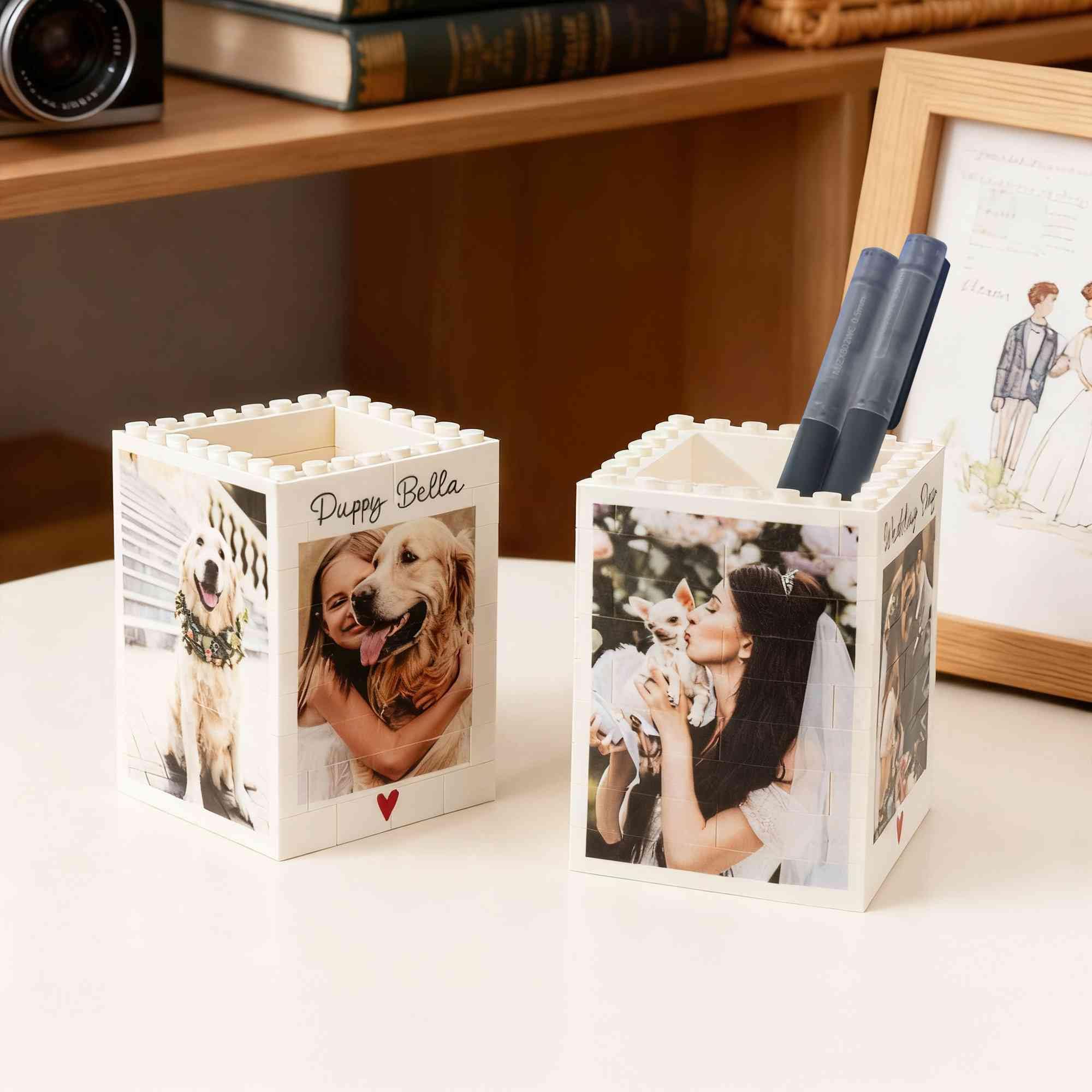 Porte-crayons personnalisé en briques avec photo, texte et images personnalisés - Organiseur de bureau créatif - Boîte à crayons - Fournitures de bureau à domicile - Cadeau pour homme, femme, papa