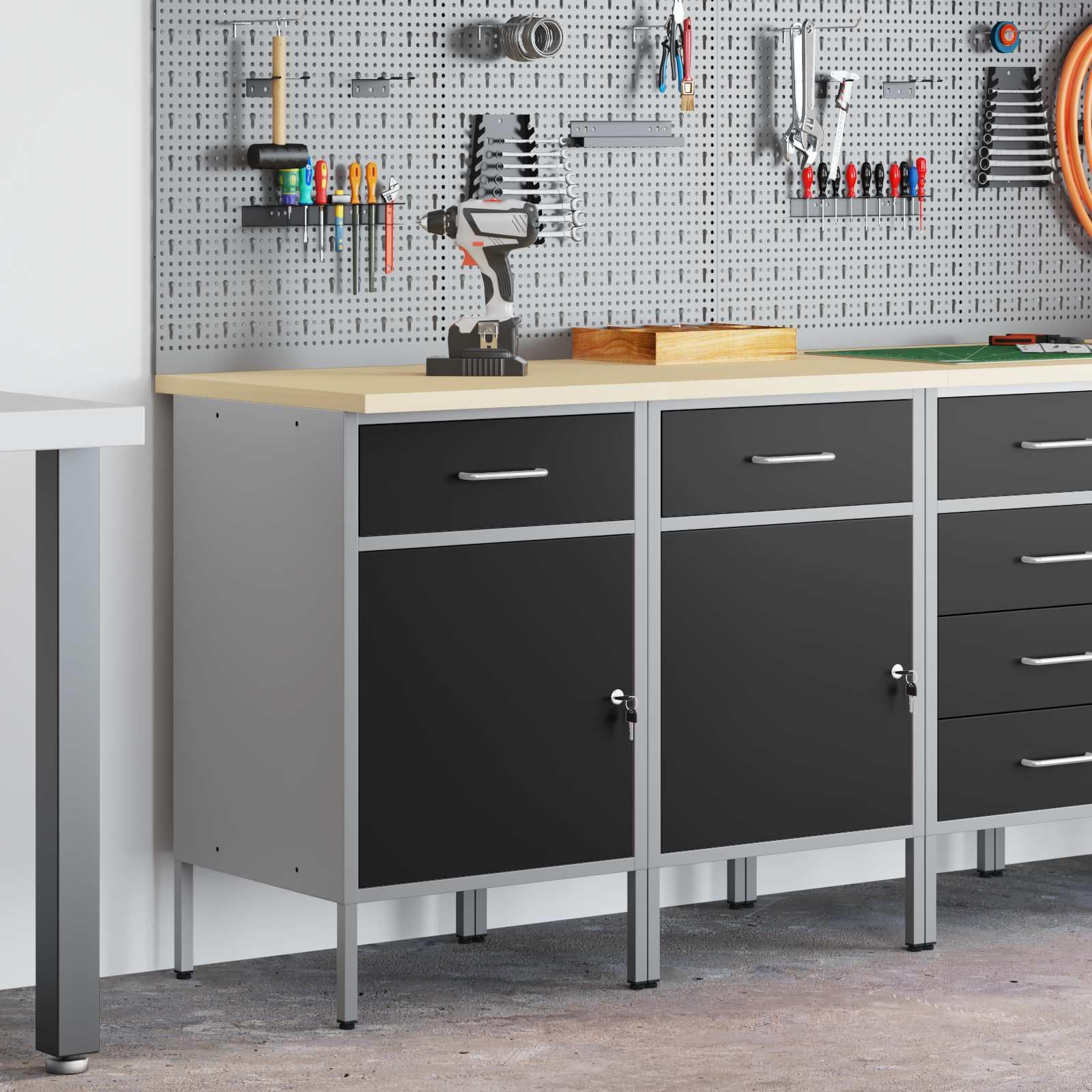 Banco de trabajo con cajones, 2 unidades, color negro y gris, 100 x 55 x 85 cm, armario de taller de madera y acero, almacenamiento de herramientas con sistema de organización, organizador