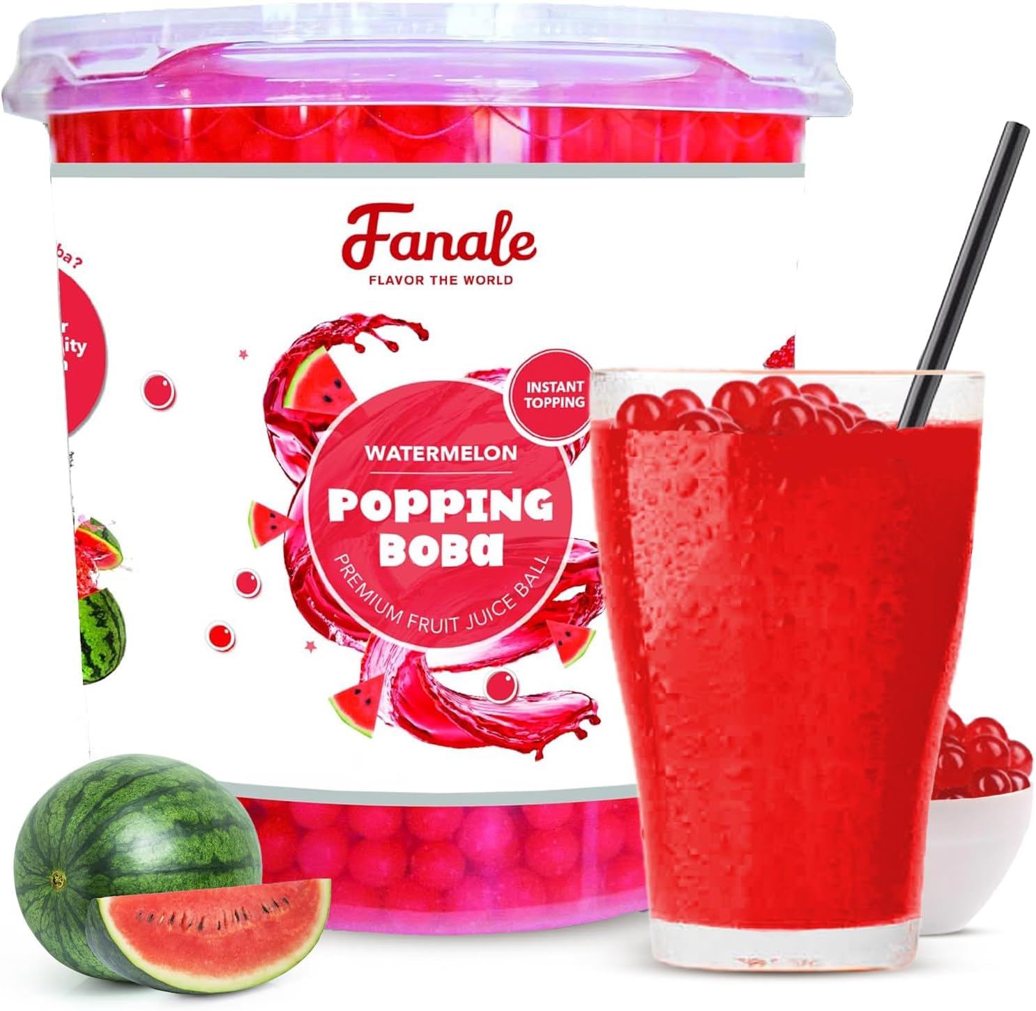 Fanale Watermelon Popping Boba Pearls, Vegan, Non GMO, Gluten Free, Fat Free, Perfect for Bubble Tea, Smoothies, Ice Cream, Desserts, and Beverages.