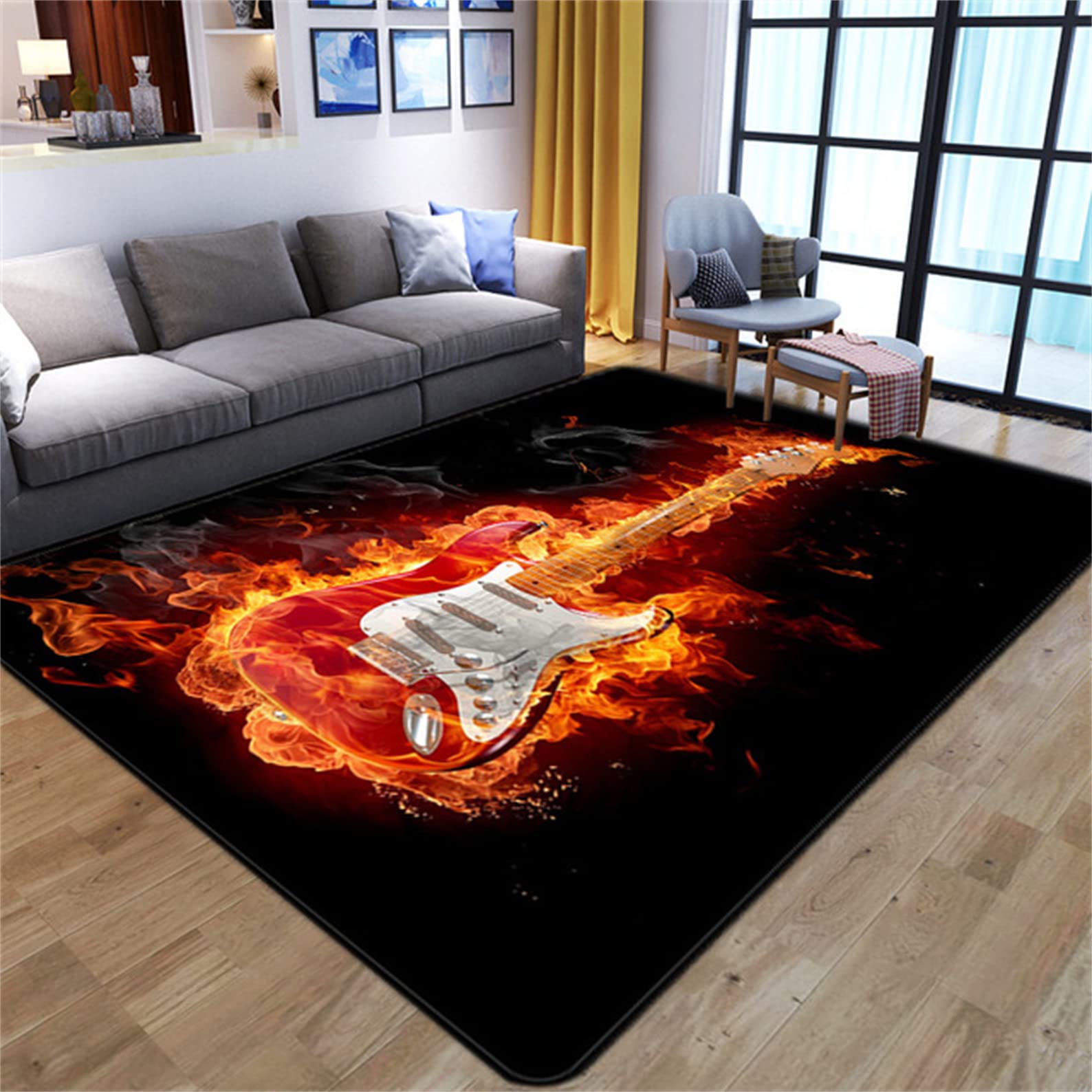 Tappeto per Soggiorno con Musica Fiamma Teschio Rock Chitarra Tappeto per Camera da Letto da Uomo Decorazione Antiscivolo Tappetino per Yoga Rettangolare Colore 1 160x200 cm