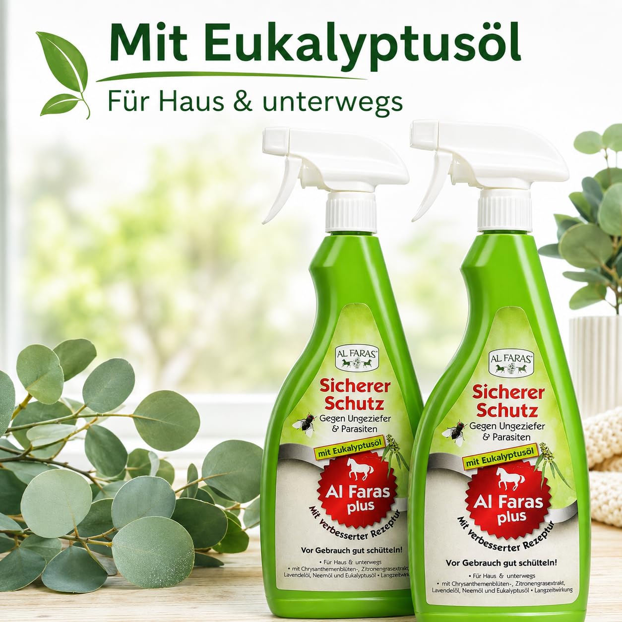 Sicherer Schutz Insektenspray 2x500 ml ohne Aerosole | Anwendungsfertige Flüssigkeit mit Eukalyptusöl für Oberflächen gegen kriechende und fliegende Insekten