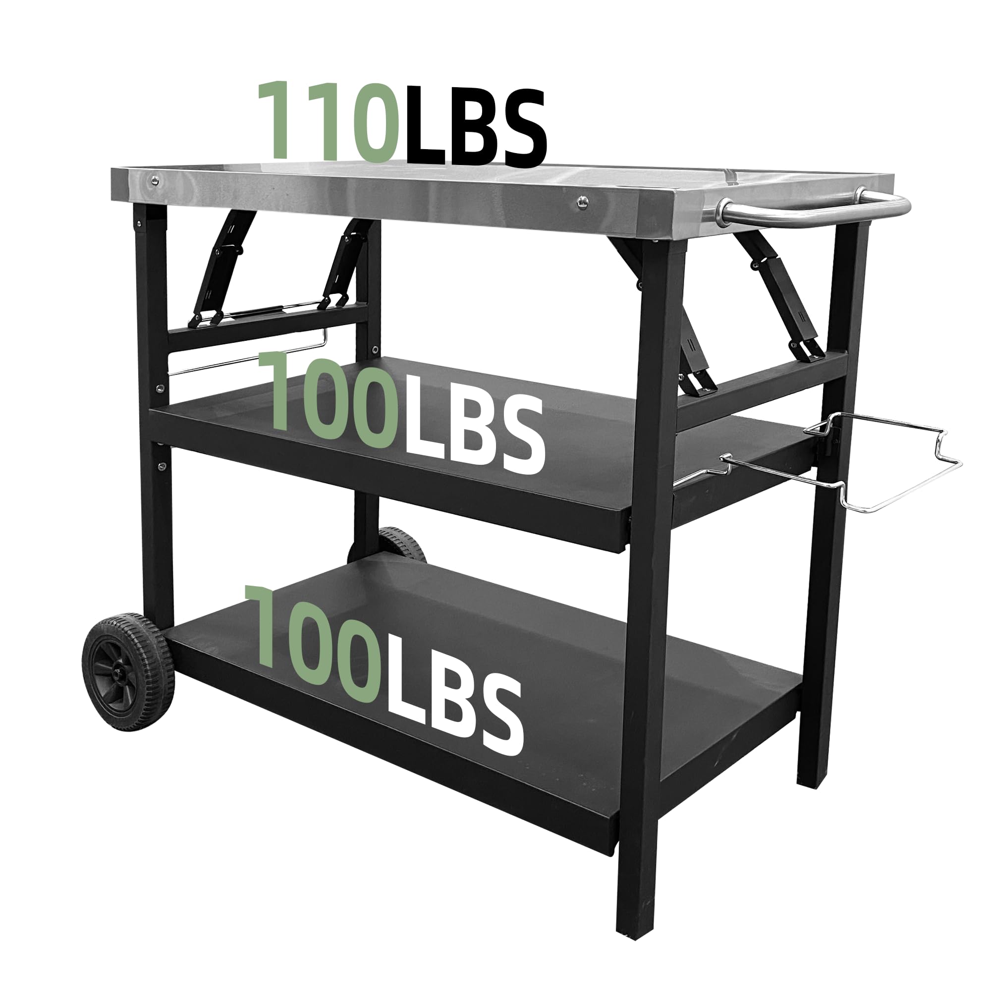 Thunderbay Carrito plegable para parrilla de 3 niveles, carrito de utilidad movible para preparar alimentos, mesa de horno de pizza, organizador de almacenamiento de herramientas de acero inoxidable