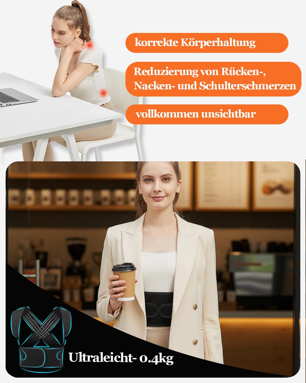 BraceTop Rücken Geradehalter Haltungskorrektur Rücken Damen und Herren, Verstellbare Haltungstrainer Rückenstützgürtel, Leicht Atmungsaktiv Schultergurt