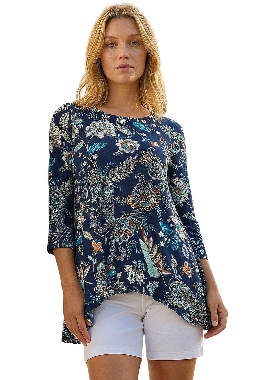Roman Women's Paisley Hanky Hem Stretch Tunic Top in Navy | Size: 12
