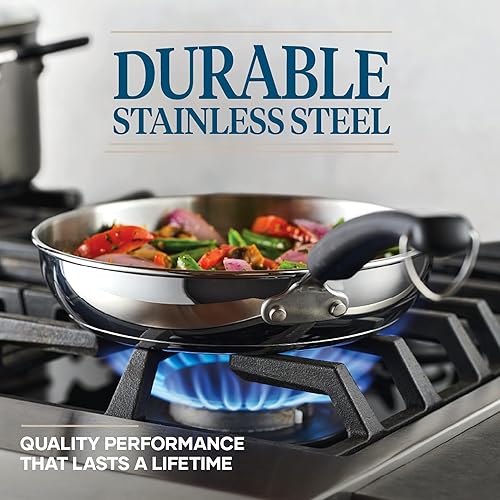 Miniatura 4 de Farberware Brilliance - Juego de ollas y sartenes de acero inoxidable con herramientas de cocina y tapas de vidrio, 10 piezas, apto para