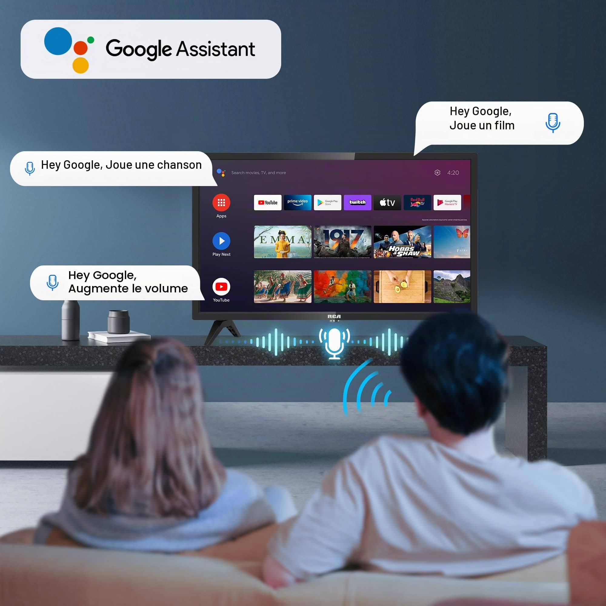 RCA Téléviseur 24 Pouces (60 cm) Android Smart TV HD Ready WiFi Connectée avec Bluetooth Triple Tuner Dolby Audio Google Play Store Youtube Netflix Prime Video VEVO Fonctionne Google Assistant