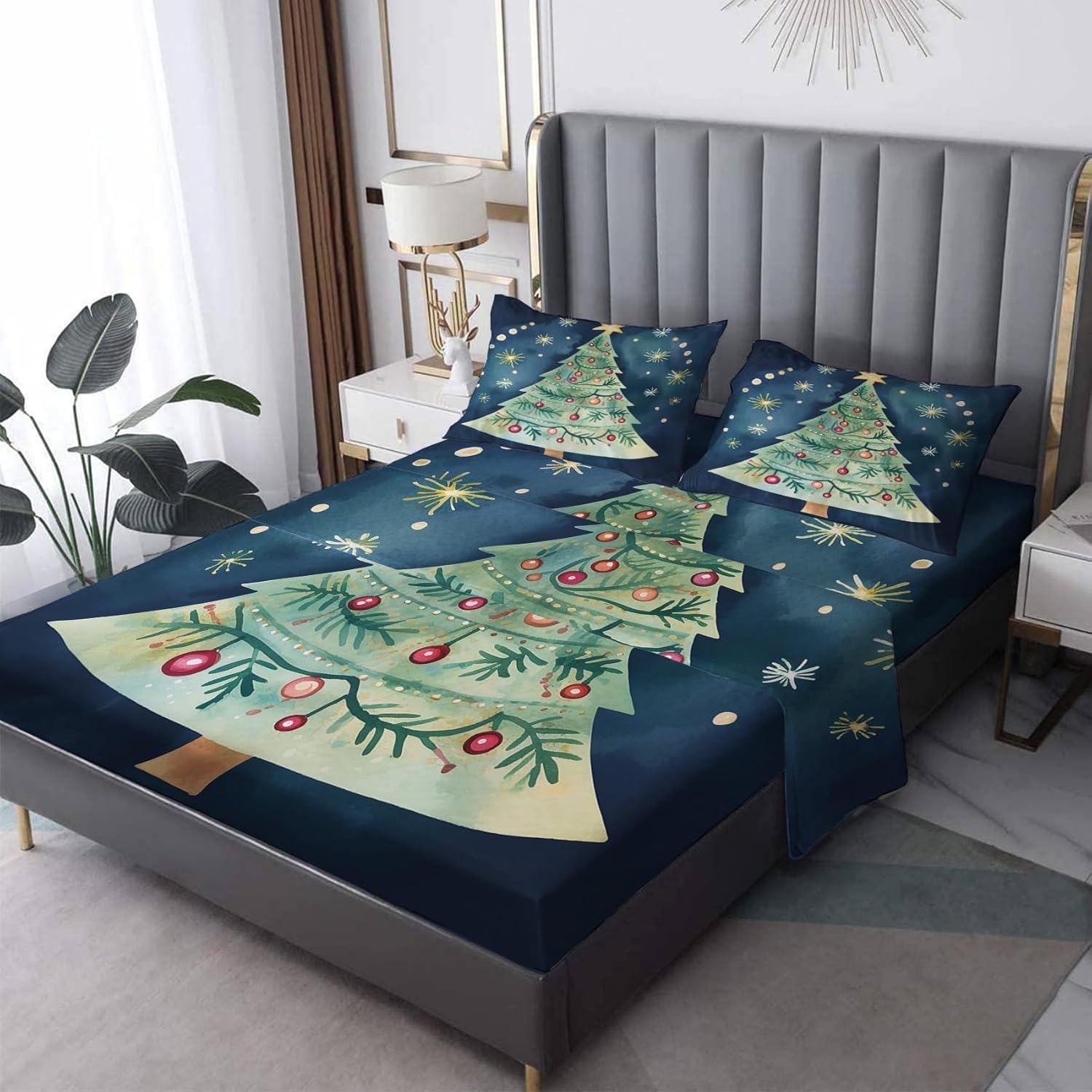 Snowman Sheets Queen Sheet Set, Christmas Bed Sheets, Festive Holiday Bedding Bedroom Decor, Soft Microfiber Deep Pocket Fitted Sheet & Flat Sheet & 2 Pillowcases