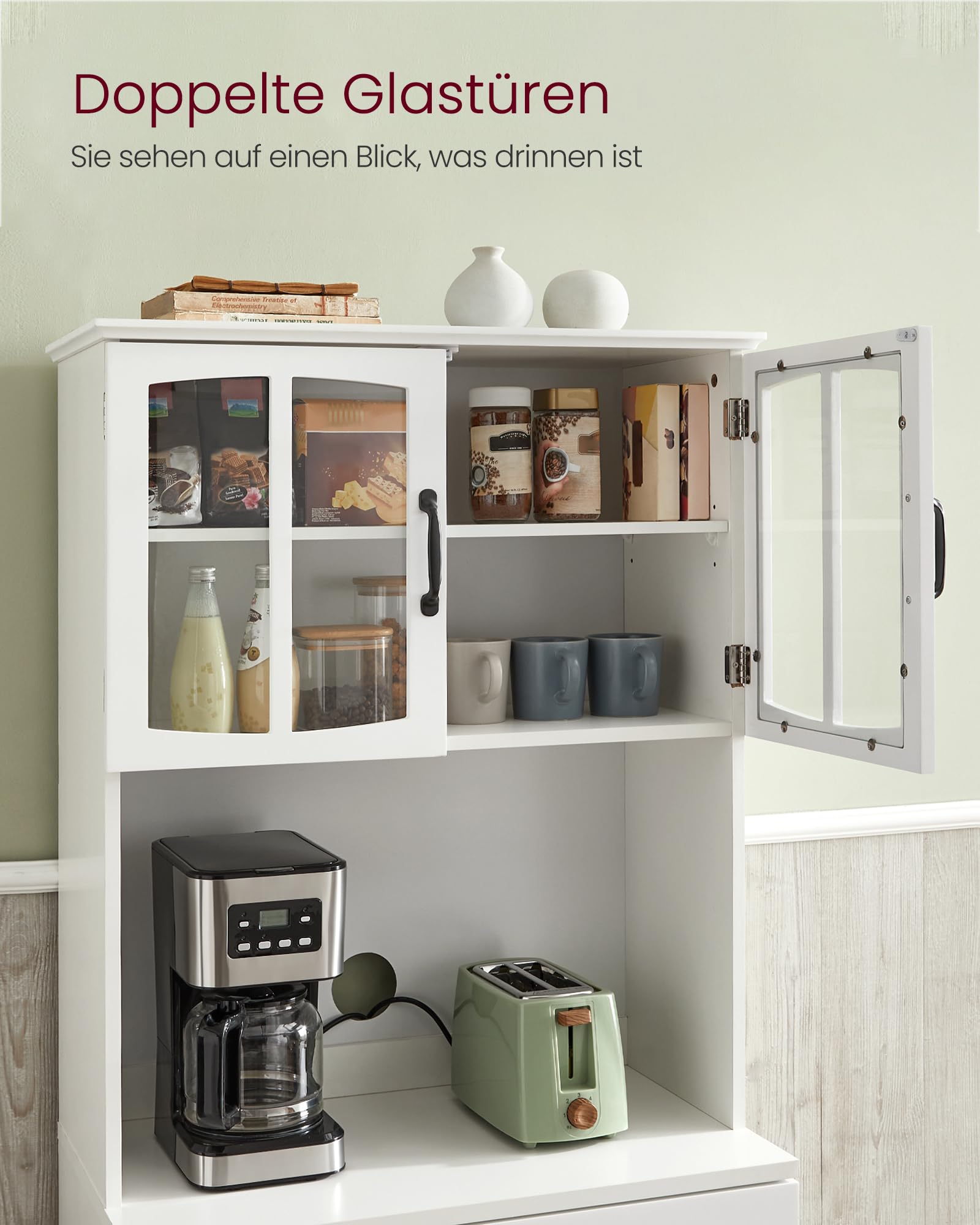 VASAGLE Küchenschrank, Mehrzweckschrank, Vorratsschrank, mit verstellbaren Einlegeböden, für Mikrowellen geeignet, Schublade, Glastüren, Kabelloch, moderner Stil, weiß LSC361W21