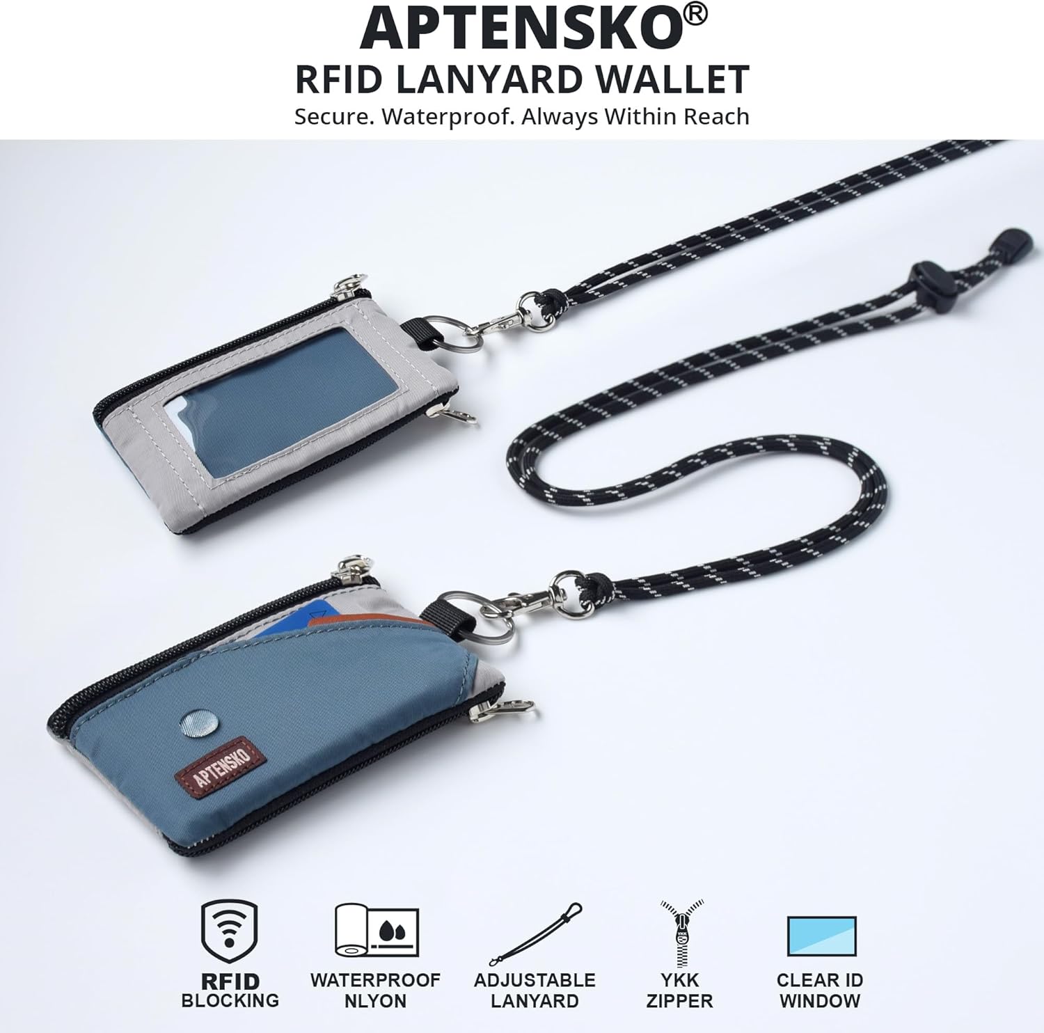 RFID Blocking Travel Wallet with Adjustable Lanyard, Small Nylon Zipper Pouch and Badge Holder for ID, Credit Cards, Cash, Keys, Commuters (SlateBlue+Grey) - Image 2
