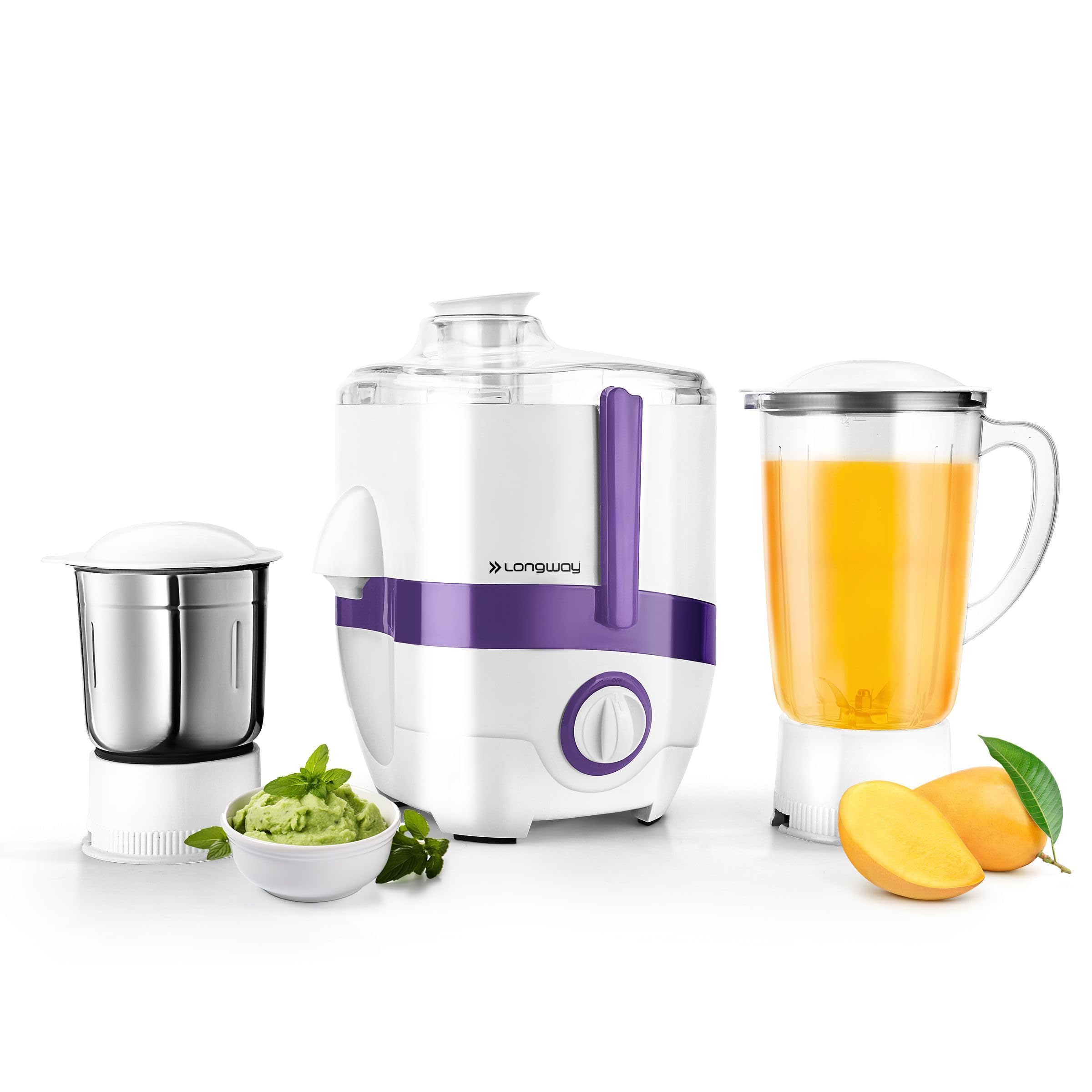 Longway Juicy 600 Watt Juicer Mixer Grinder with 2 Jars for Grinding, Mixing, Juicing with Powerful Motor | 1 Year Warranty (2 Jars, Purple)