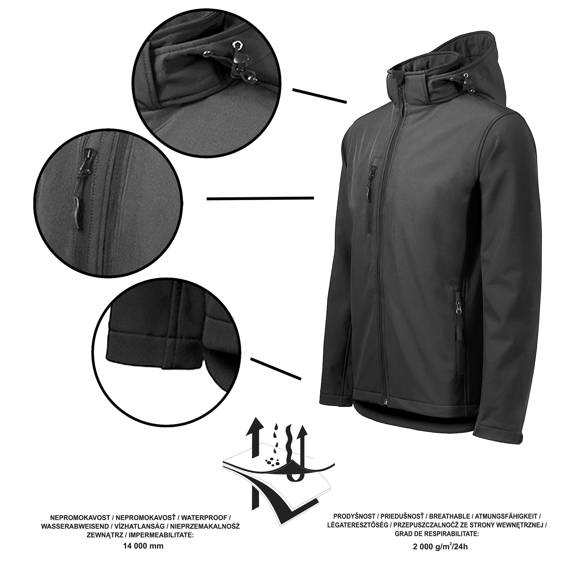 DELUNO Outdoor Softshelljacke Herren mit Kapuze Winddichte Funktions-Jacke Neu M L XL 2XL 3XL 4XL Schwarz