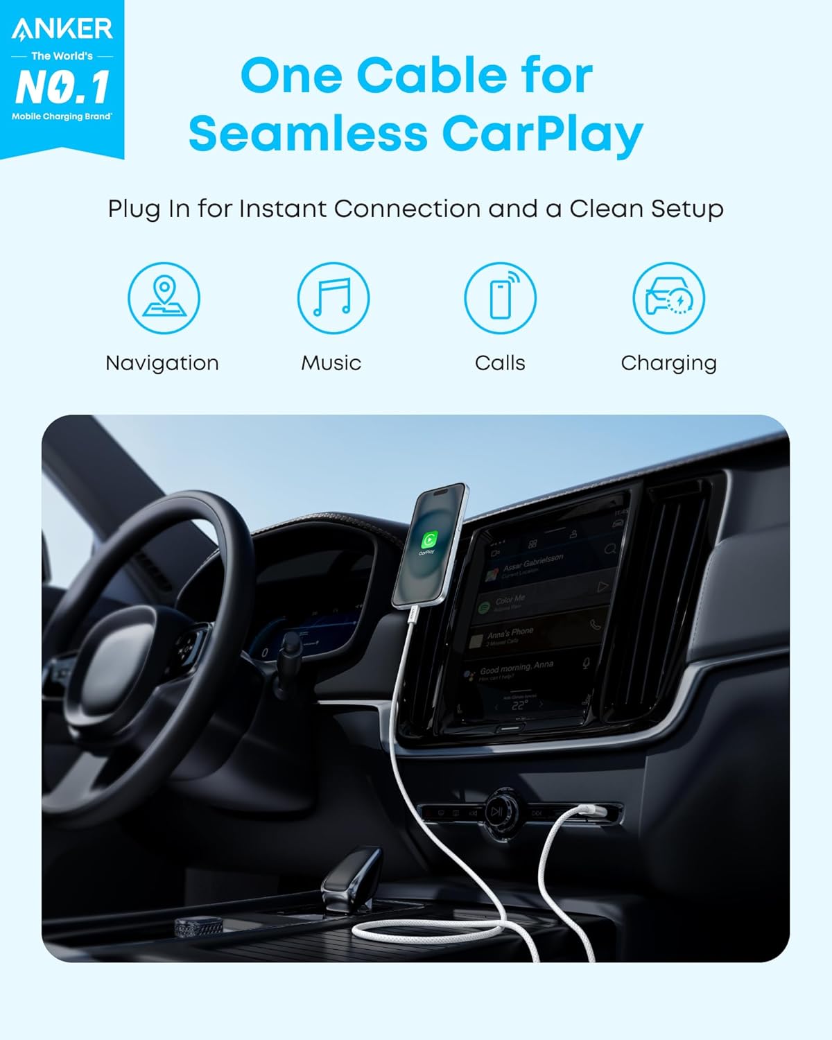 Anker Car Carplay Cable for iPhone 17 16 Pro Max Plus & Zolo USB to USB C Cable (Bundle)