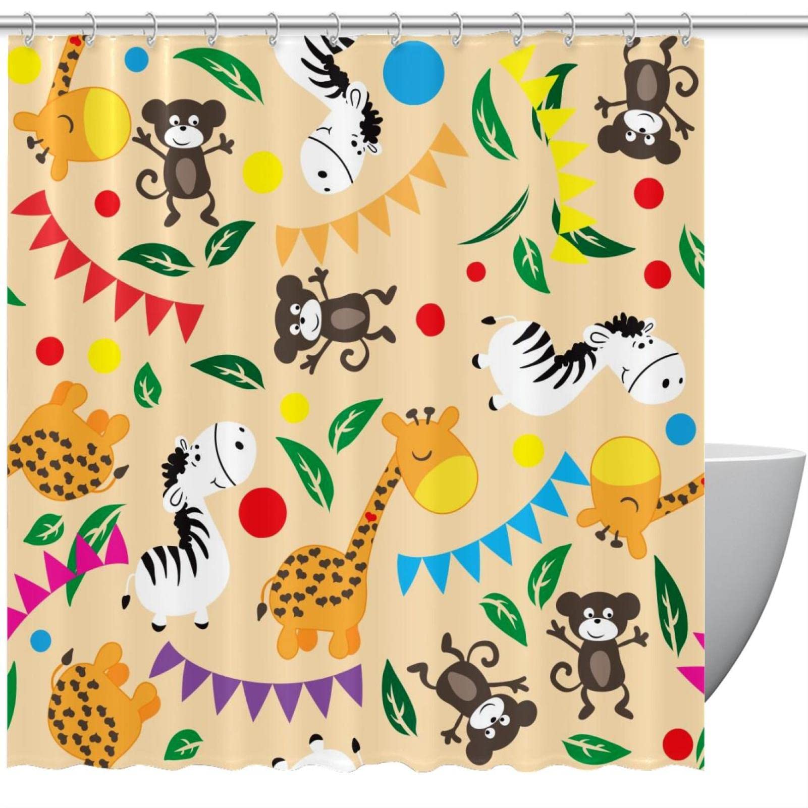 Rideau de douche imperméable jaune à motif animalier pour salle de bain 183x183 cm
