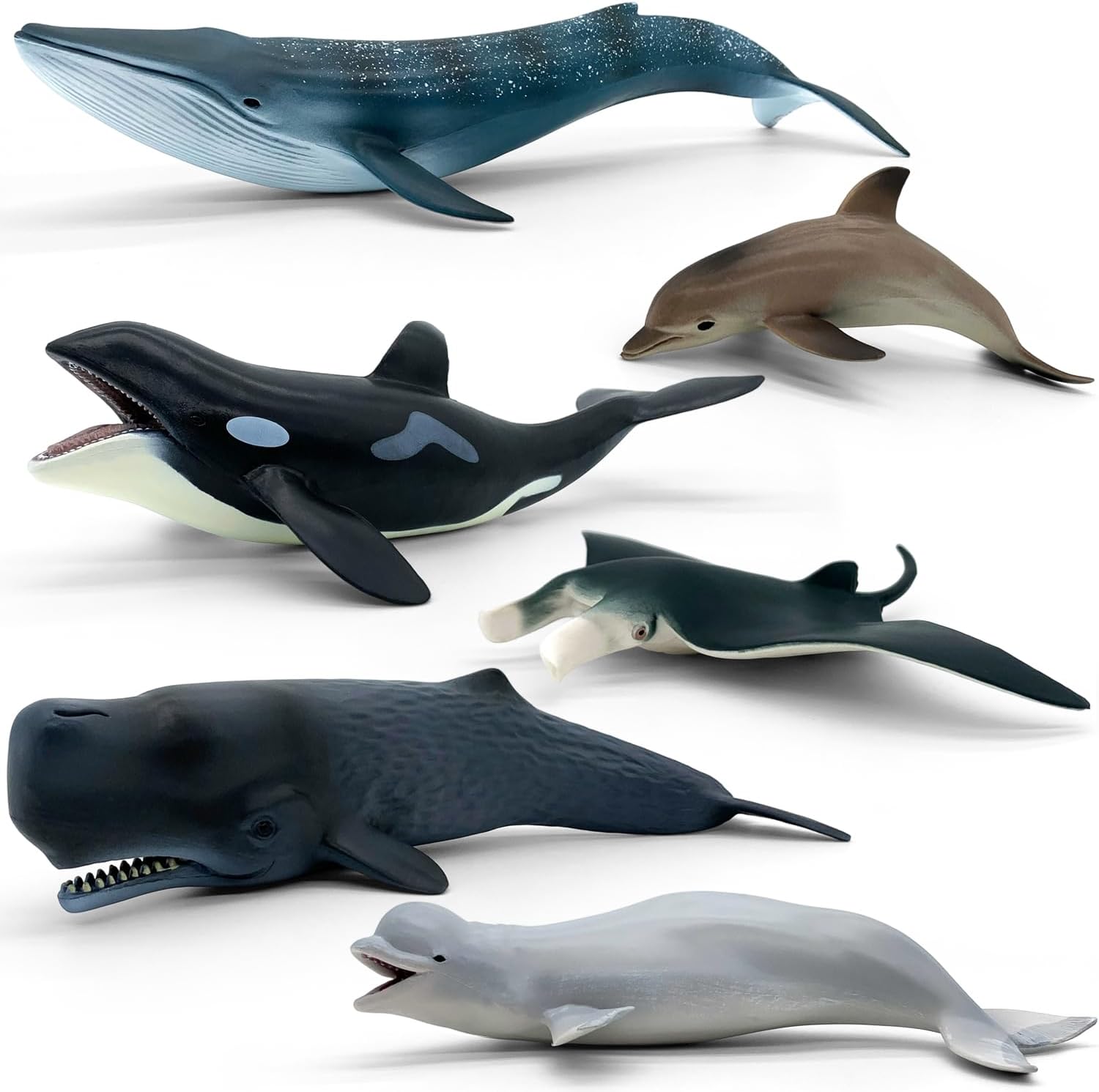 Movable Jaw Ocean Animal Set - 13" Mosasaurus, 10.6" Megalodon Shark & 7.8" Octopus Realistic Action Figure Toys for Kids & Collectors (6 PCS Whale Marine)