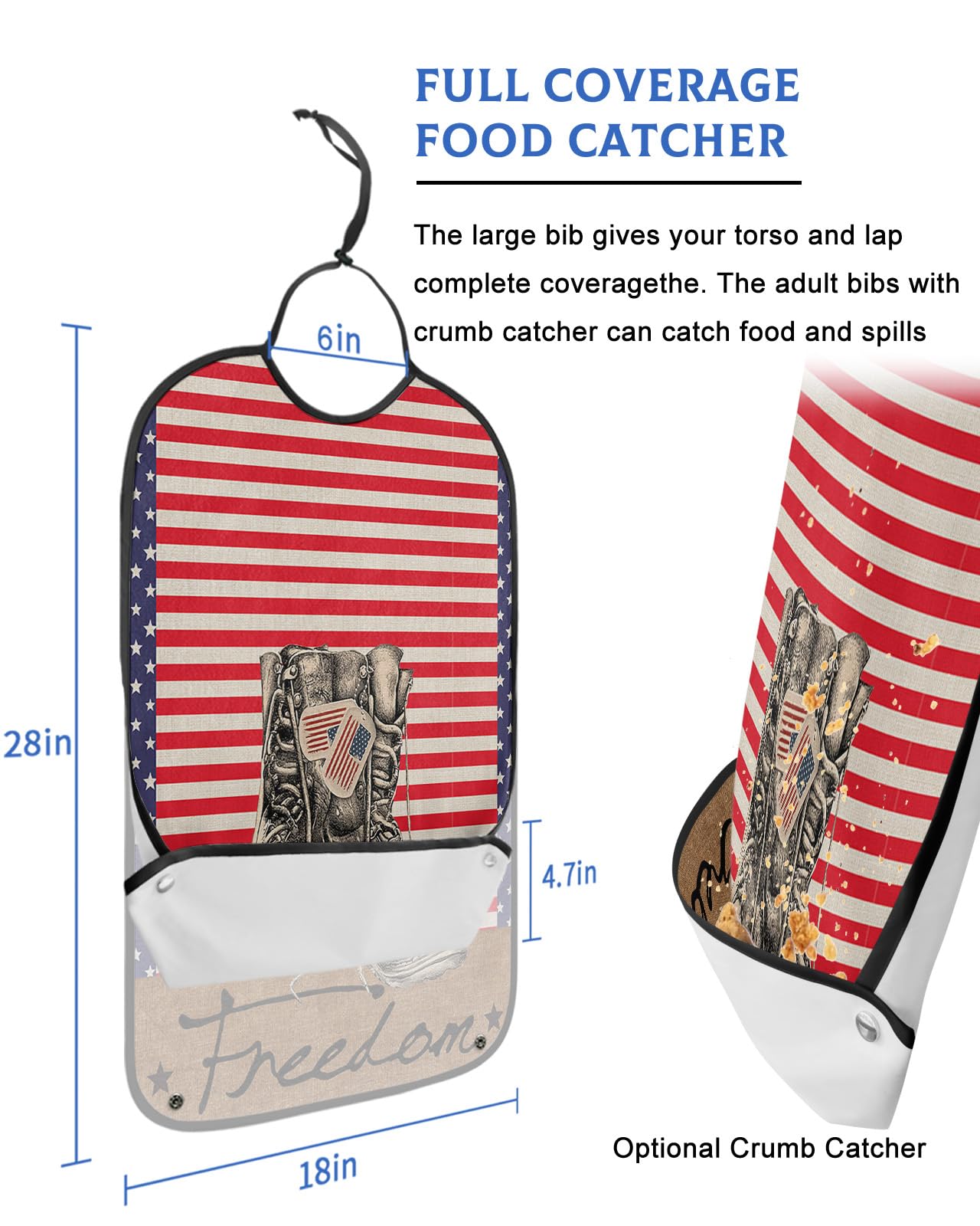 Patriotic Memorial Boots Adult Bib for Eating with Crumb Catcher,Washable & Waterproof Terry Cloth Adjustable Elderly Women Men Adult Bibs Funny Apron Clothing Protector Independence Stripes Stars Day