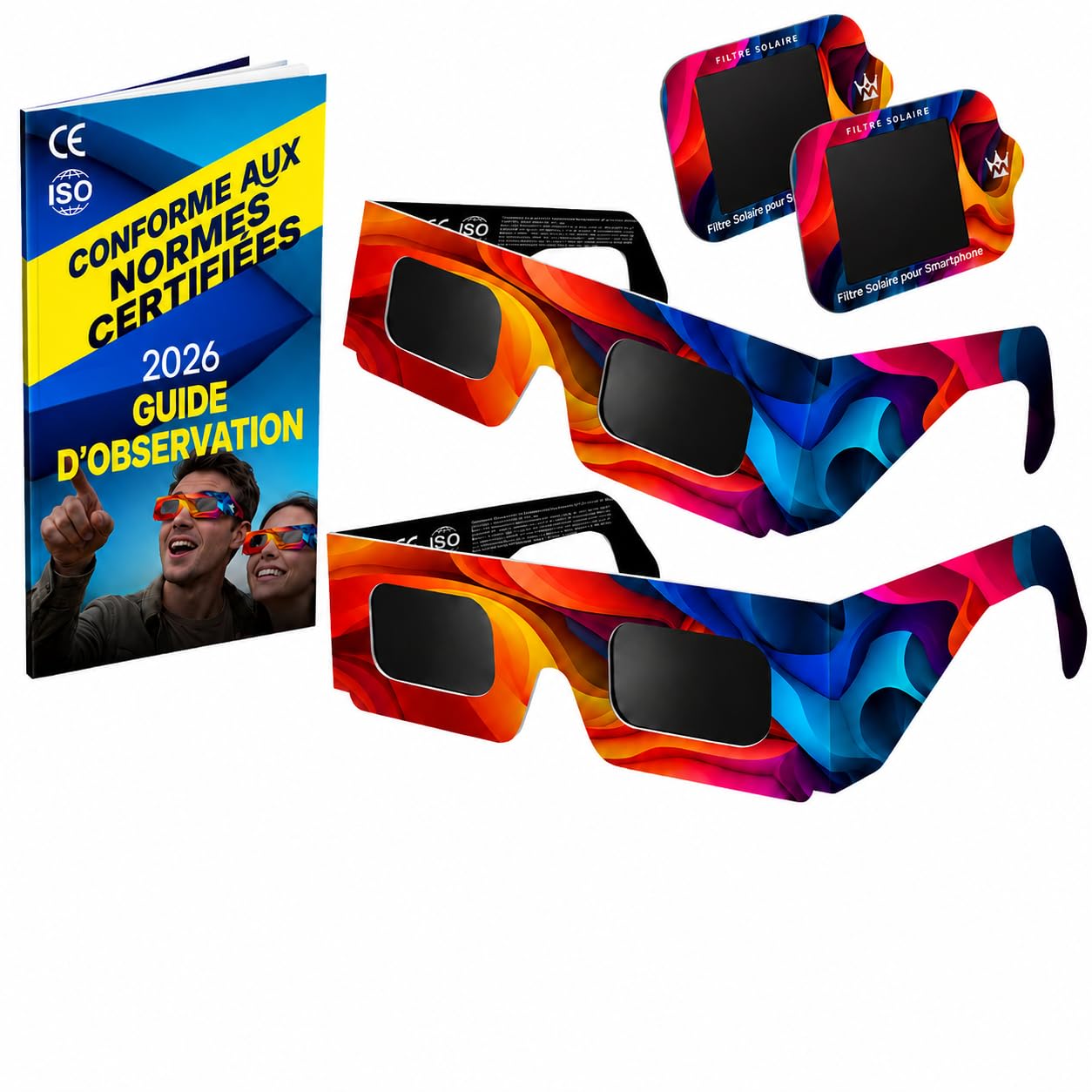 Lunettes Eclipse Solaire 2026 – Lot de 2 Paires Premium avec 2 Filtres Solaires pour Smartphone Lunettes Eclipse Solaire ISO 12312-2 Certifiées CE Protection des Yeux pour l'Observation du Soleil