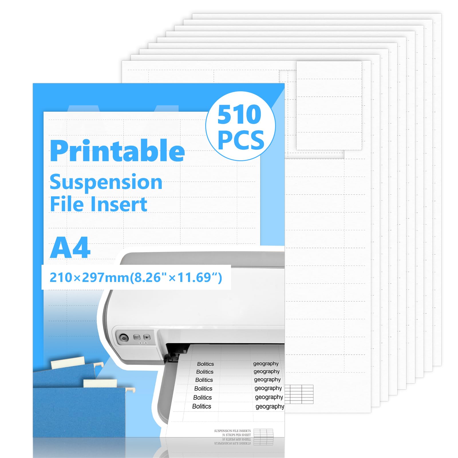 510 Pcs Printable A4 Suspension File Insert White 15×55mm Hanging File Inserts Paper Tab Inserts Suspension Files Tabs Filing Cabinet Suspension Files Label Insert for Hanging Folder（51pcs/Pack）