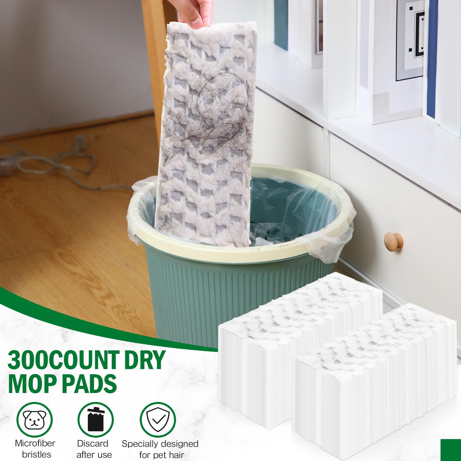 Gejoy 300 paños de barrido en seco resistentes compatibles con Swiffer Sweeper Mop, almohadillas de microfibra para limpiar el polvo de suelos de madera dura y el pelo de mascotas, recambios