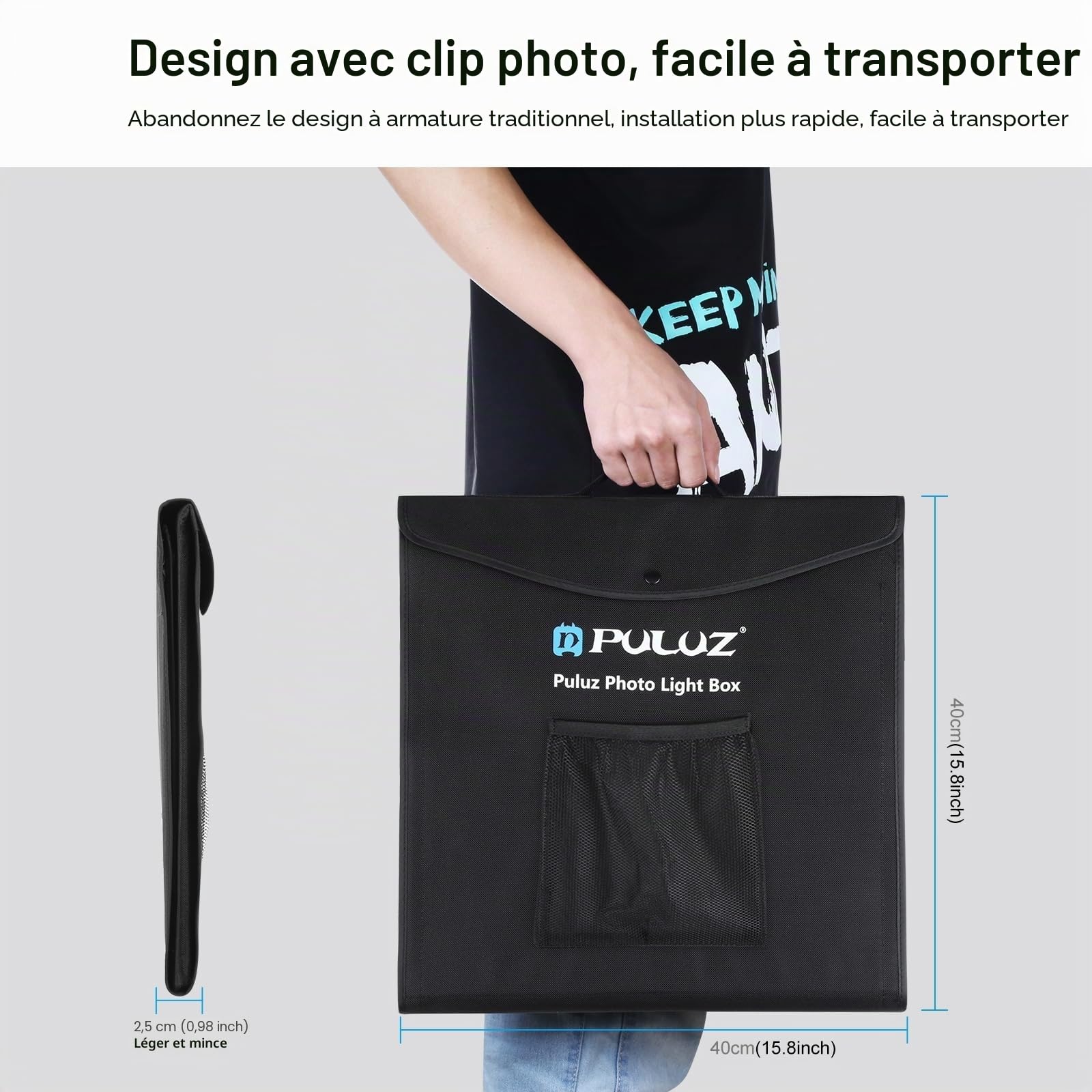 PULUZ Fotostudio 40CM Boîte de Studio Pliable à Lumière Blanche Dimmable pour la Vente de Produits Commerciaux en Ligne avec 2 Panneaux Lumineux et 3 Couleurs PVC/3 Fonds Polaires
