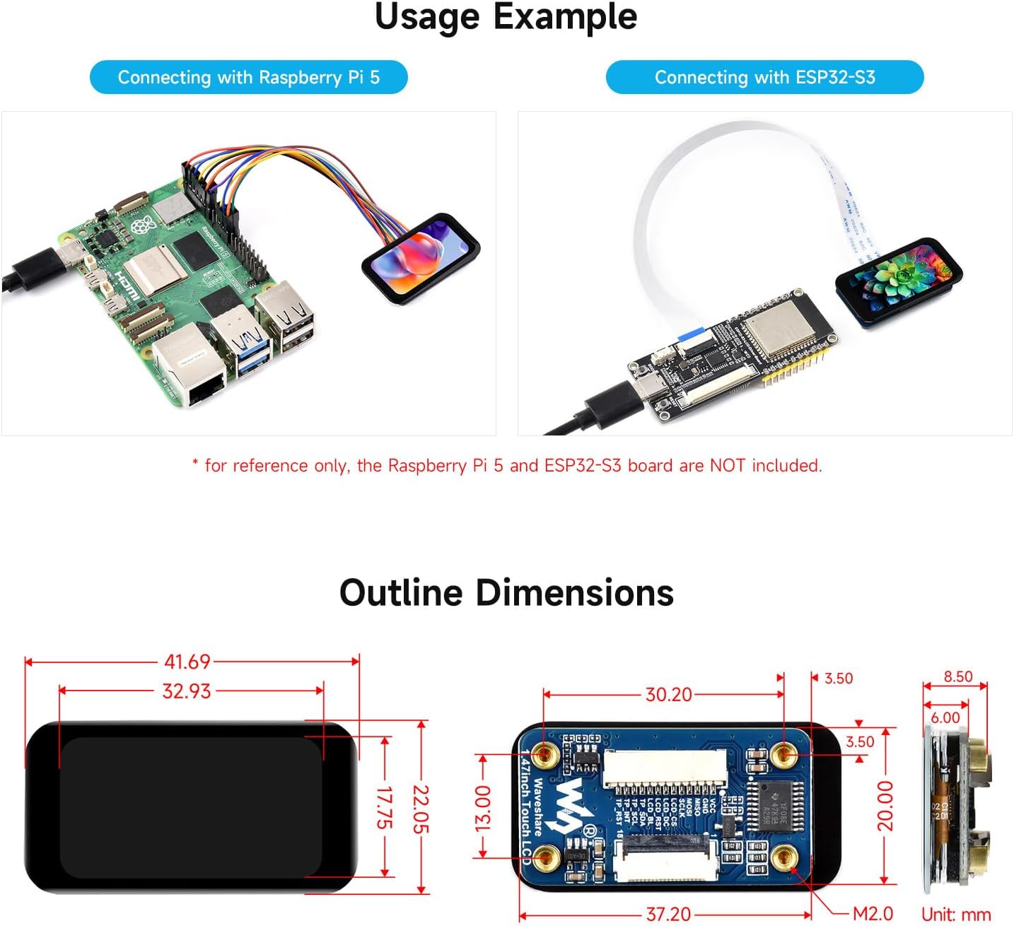 Waveshare 1.47inch LCD Display Module with Touch Panel, Compatible with Raspberry Pi/Pi Pico/ ESP32S3, Micro LCD Display, 172×320 Resolution, IPS, SPI and I2C Communication, 262K Display Color