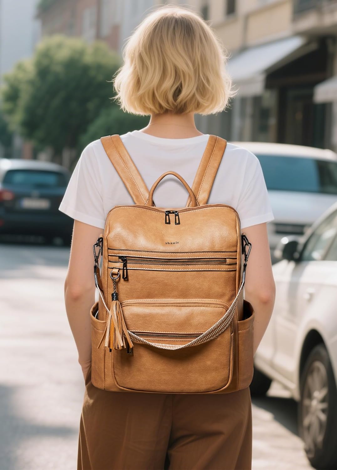 Shrrie 15.6 inch Laptop Backpack for Women,Large Leather Purse,Travel Backpacks Carry on,Water Resistant Casual Laptop Backpacks,College Backpack,Work Backpack for Women,Two-tone Camel Brown