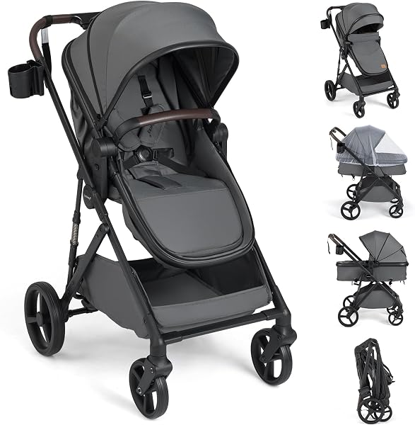 COSTWAY 3 in 1 Baby Stroller, Foldable Travel System Pram with Reversible Seat, Adjustable Canopy & Backrest, Mesh Net, Storage Basket, Lightweight Infant Newborn Pushchair for 0-36 Months (Grey) - 1