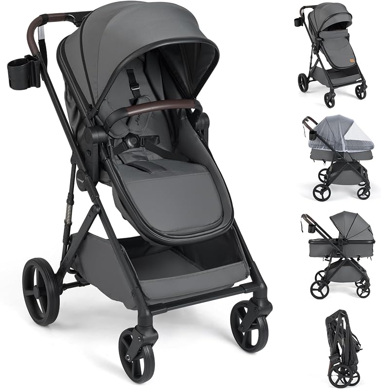 COSTWAY 3 in 1 Baby Stroller, Foldable Travel System Pram with Reversible Seat, Adjustable Canopy & Backrest, Mesh Net, Storage Basket, Lightweight Infant Newborn Pushchair for 0-36 Months (Grey)