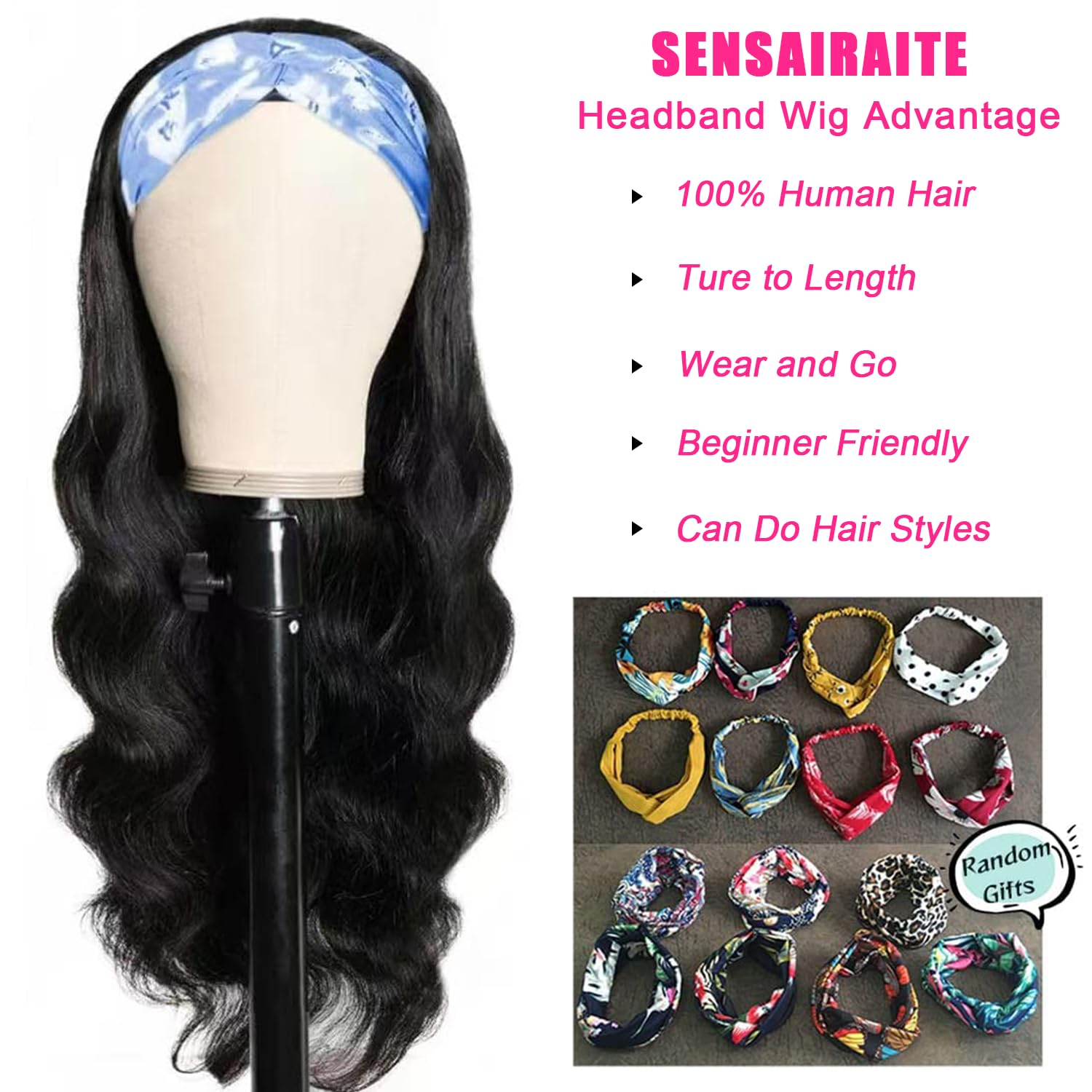 SENSAIRUITE Headband Wig Human Hair Body Wave 18 Inch None lace Front Wear and Go Glueless Headband Wig for Black Women Natural Black Color 180% Density