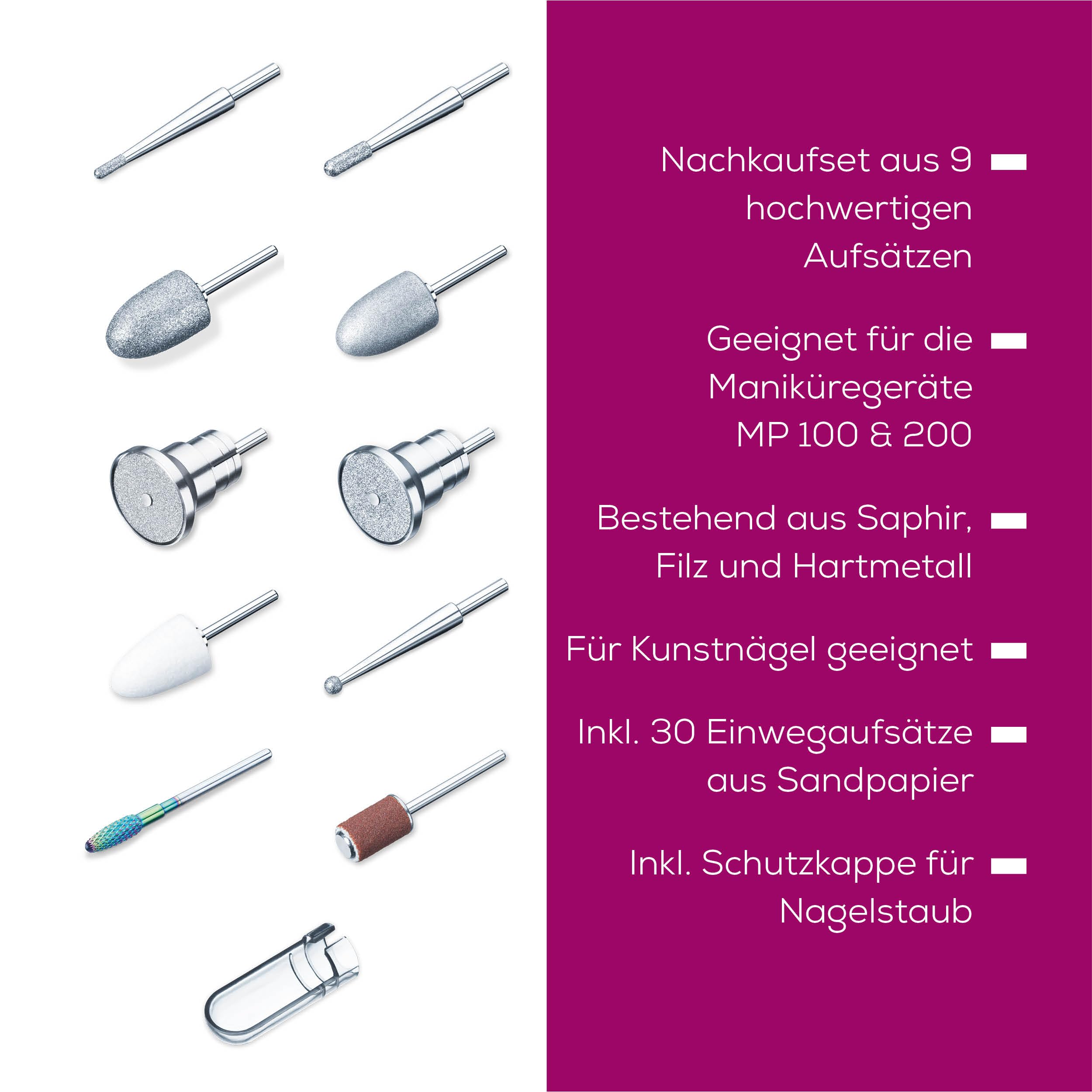 Beurer MP 100/ MP 200 Nachkaufset für die MP 100 und MP 200 Maniküregeräte, 10 Nagelfräser Aufsätze aus Saphir, Keramik und Filz, 30 Einwegaufsätze aus Sandpapier, mit Schutzkappe für Nagelstaub