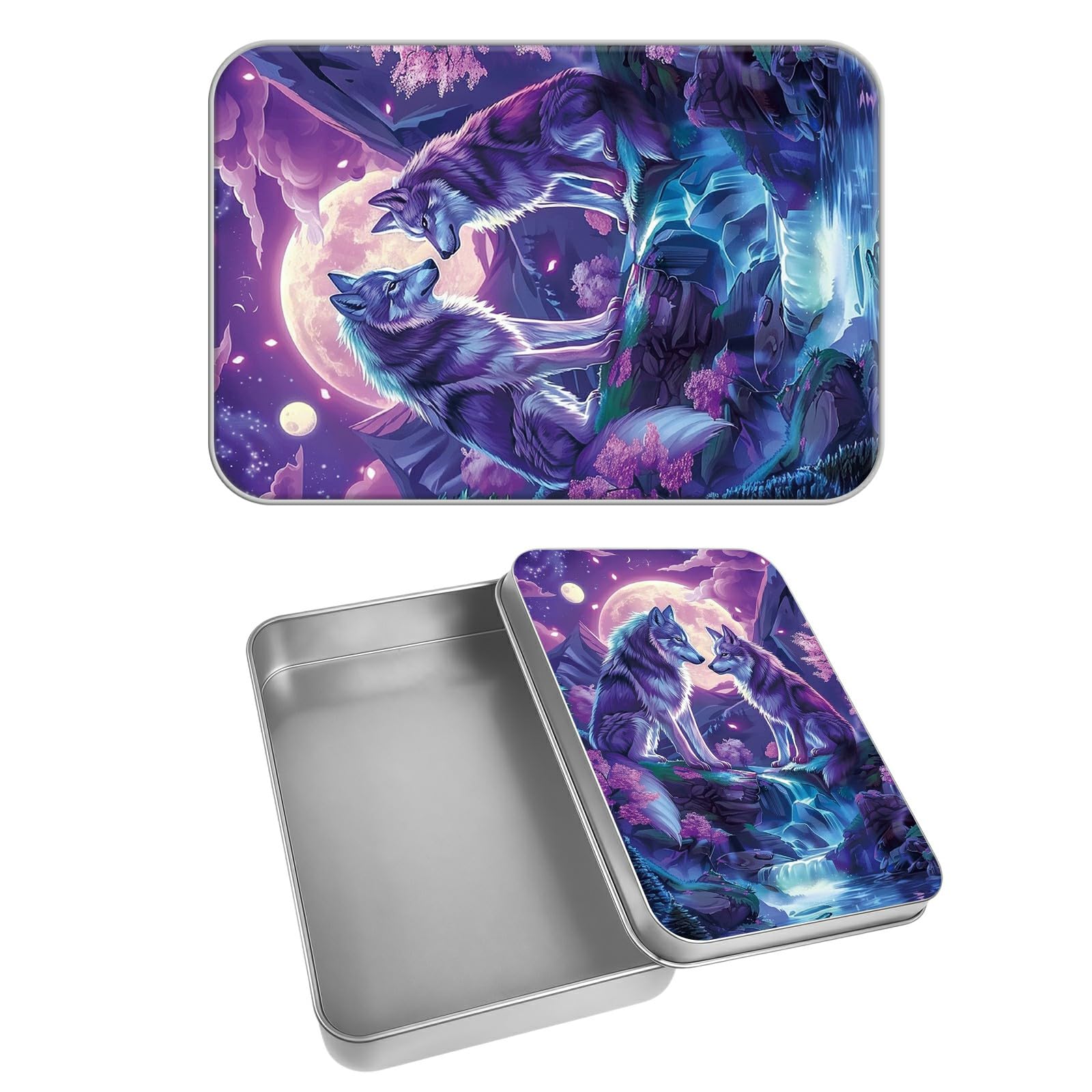 Rectangular Metal Tin Box with Removable Lid, Purple Wolfs Decorative Printed Metal Storage Container for Cash Ticket Credit Card Check 3.46 x 2.36 x 0.7 inch– Single Pack