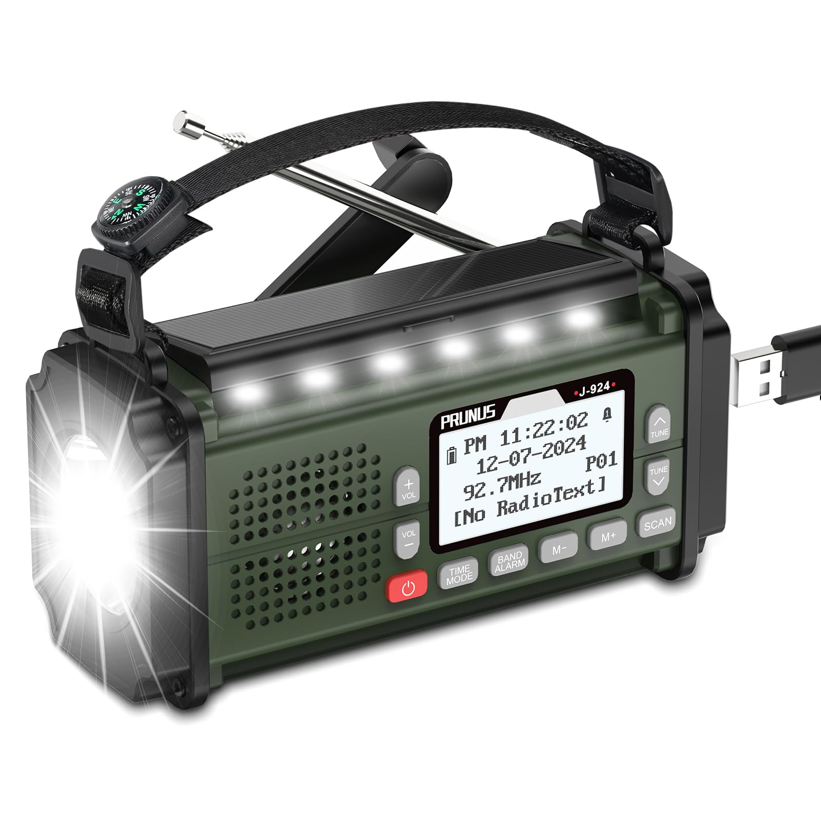 PRUNUS J-924 10000mAh Hand Crank Radio Solar, Battery Powered and USB Charging Emergency, AM/FM/SW, Torch & Reading Light, SOS Alarm, Bluetooth/Micro SD Card/USB Drive, Compass for Camping(Green)