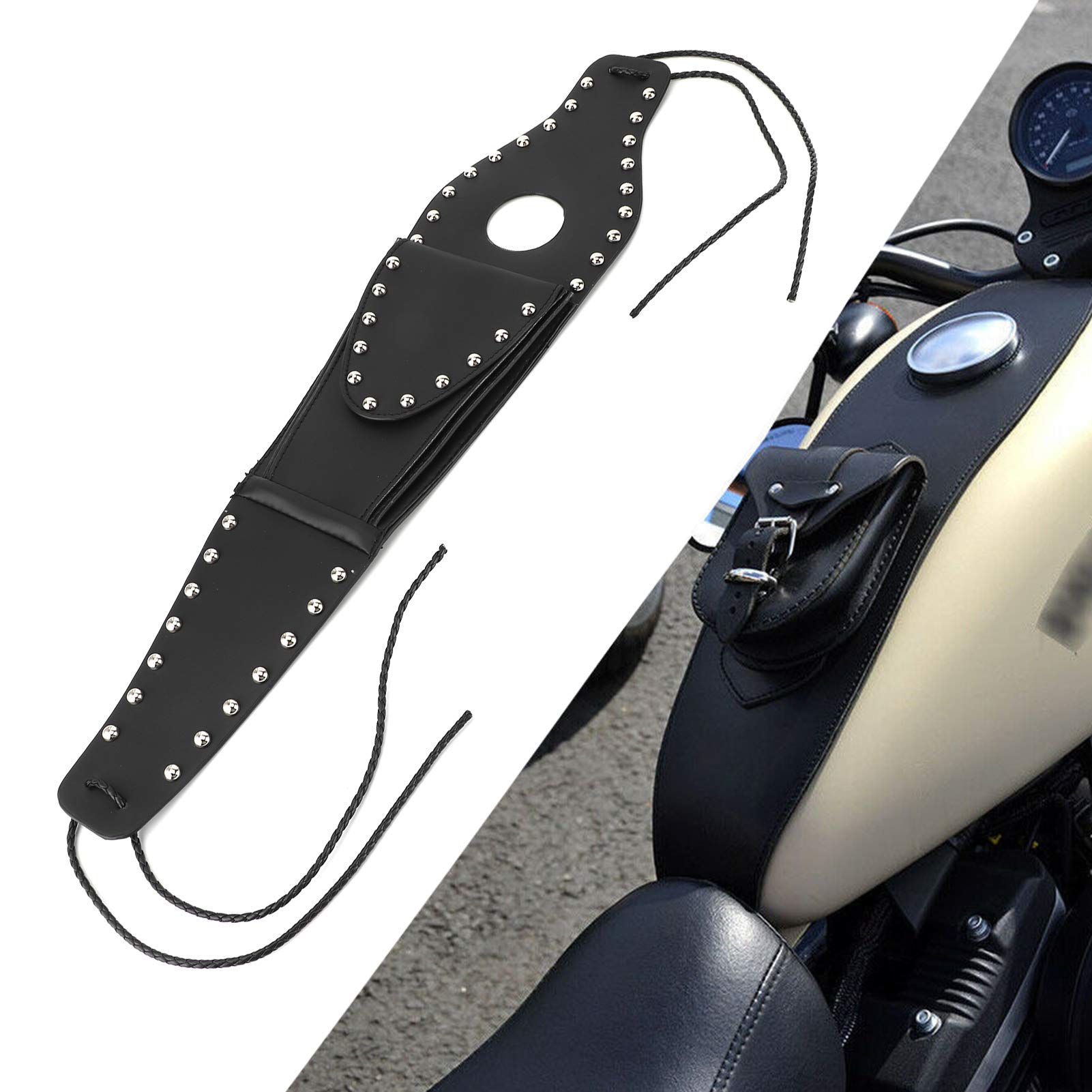 Copri Serbatoio Moto in Pelle PU con Borsa - Rivetti Argentati - Compatibile con Modelli XL 883, 1200, 48