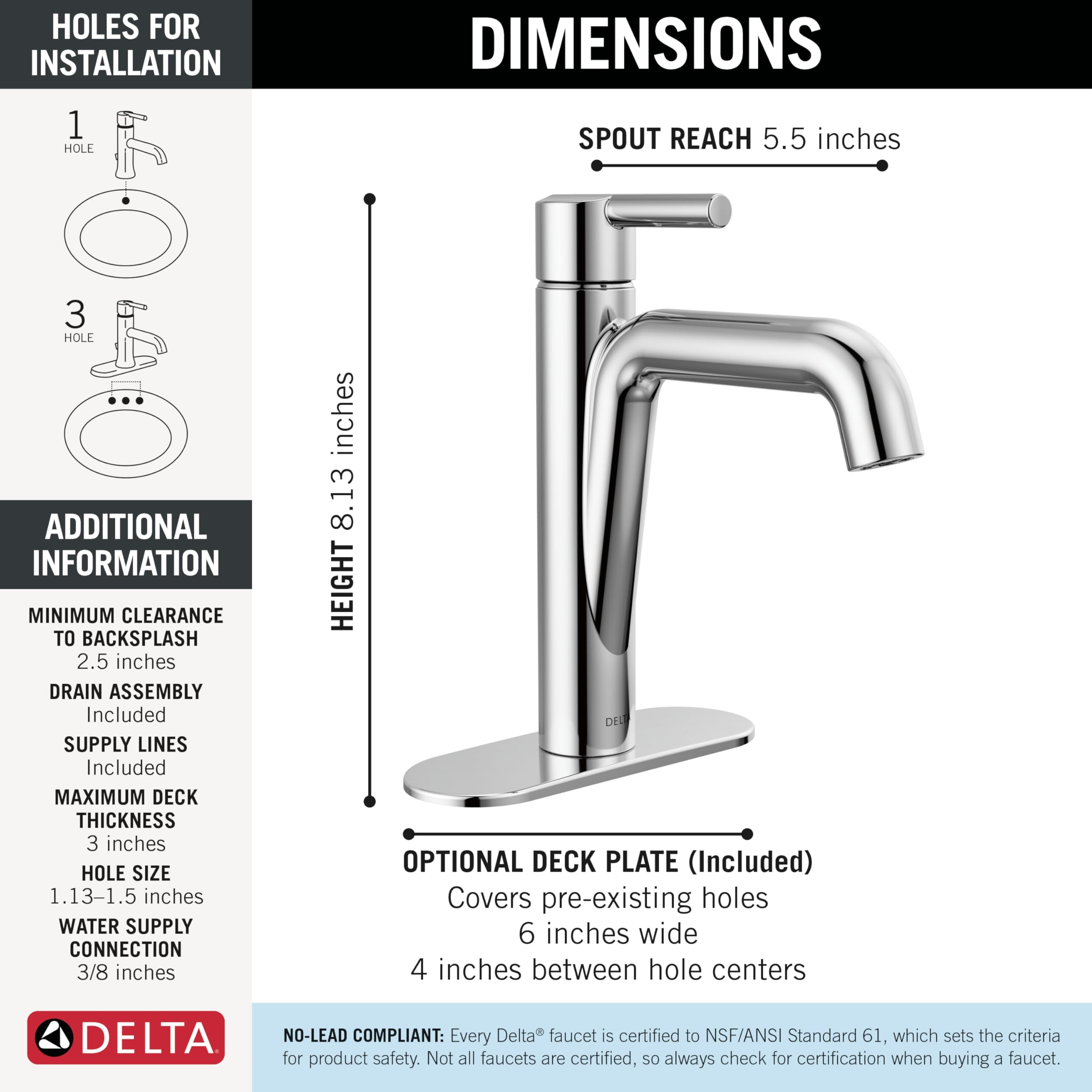 Delta Nicoli Chrome Bathroom Faucet 1 Hole, Single Hole Bathroom