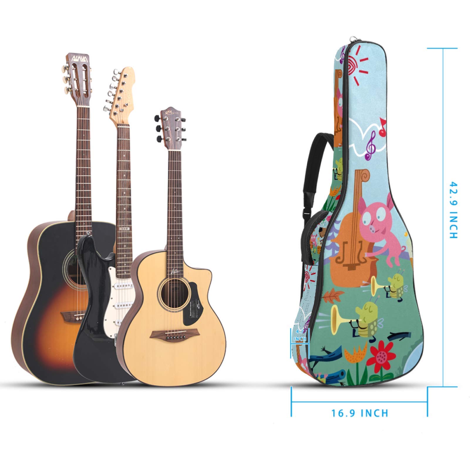 Borsa per chitarra impermeabile con cerniera morbida zaino per chitarra, basso acustico e classico folk chitarra elettrica folk foresta concerto musica carino animali cartoni animati