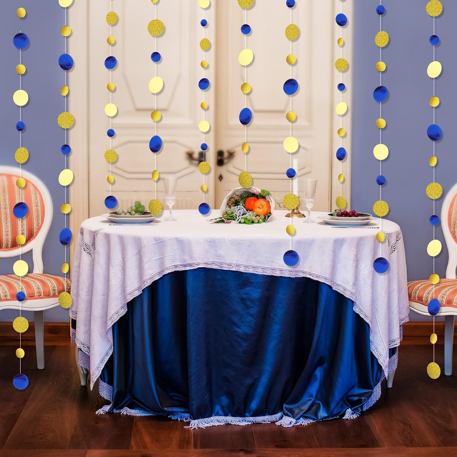 Outus 5 Pieces Blue,Gold Round Dots Garland Party Hanging Decor