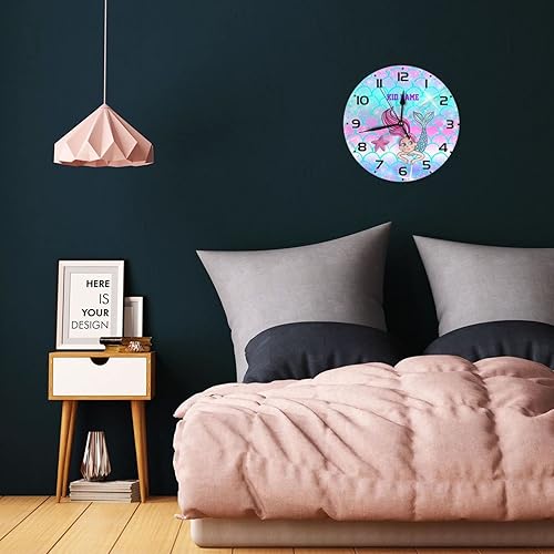 Miniatura 5 de Reloj de pared personalizado con escamas de sirena coloridas y estrellas de mar para habitación de niños, reloj de pared personalizado con nombre de