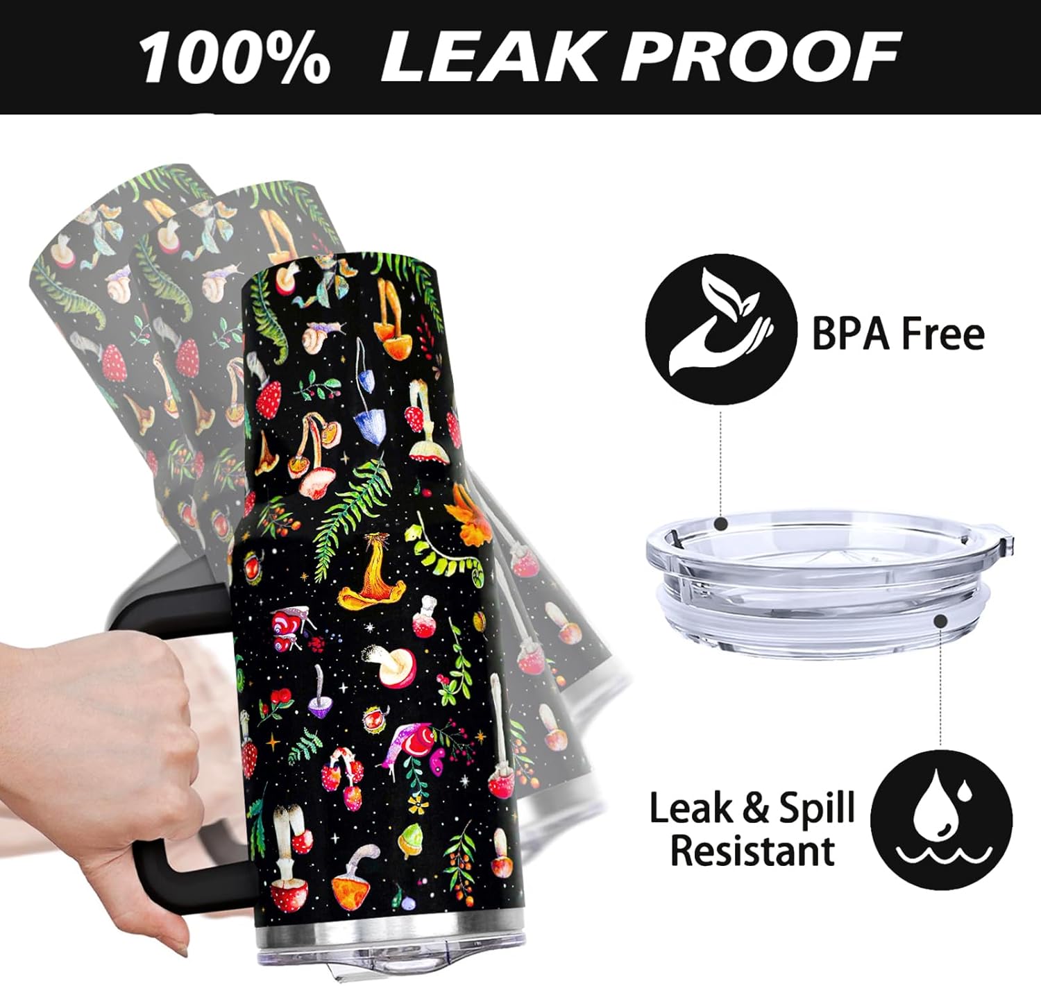 40 oz Mushroom Tumbler with Handle and Straw Lid Mushroom Themed Gifts for Women Mushroom Lovers Double Insulated Cup Travel Coffee Mug - Image 4